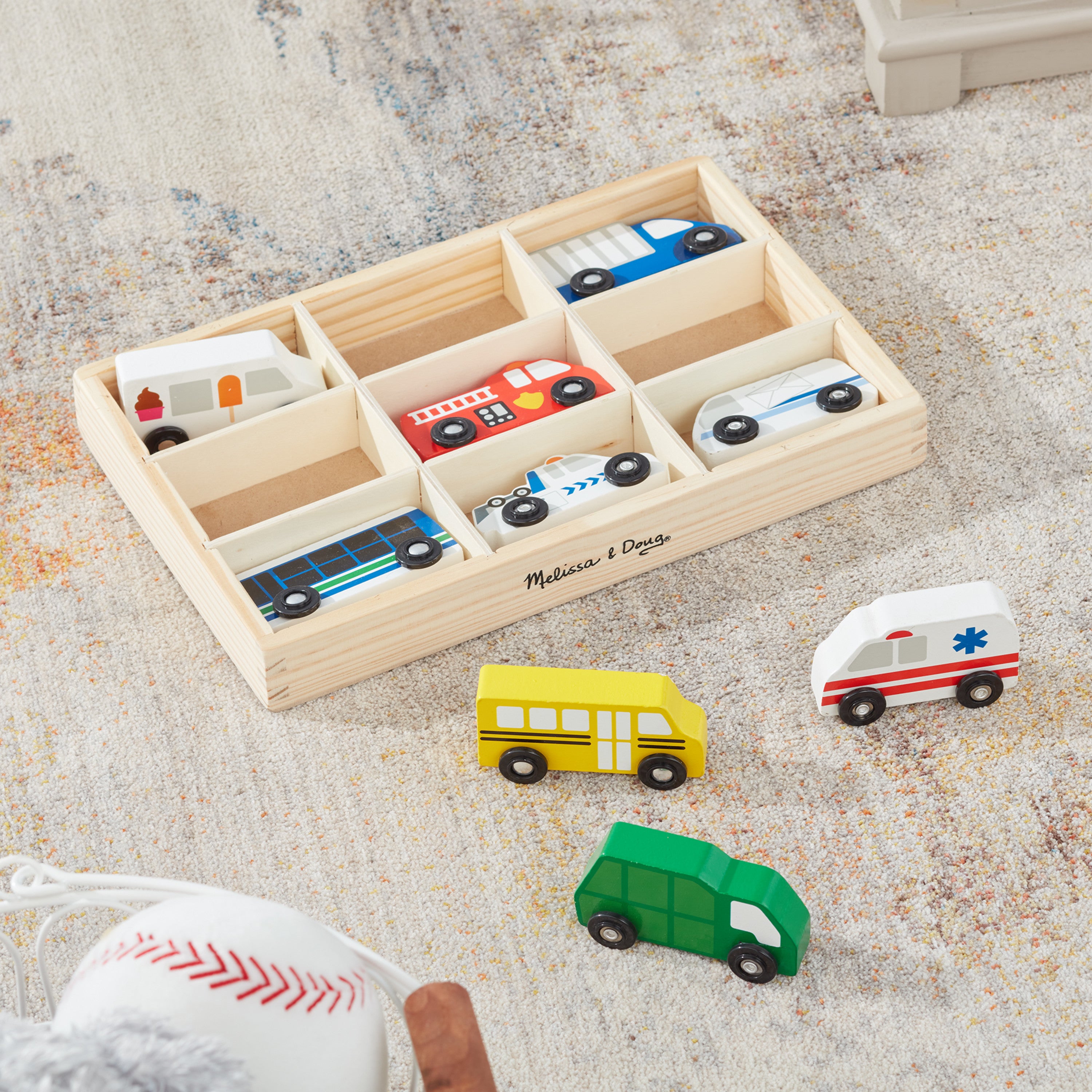 Melissa and Doug Wooden Town Vehicles Set in Wooden Tray (9 pcs)