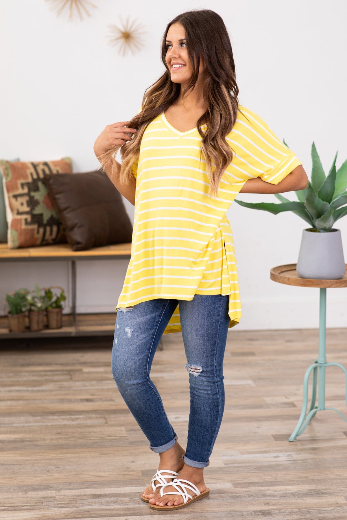 Yellow and Off White Stripe V-Neck Top