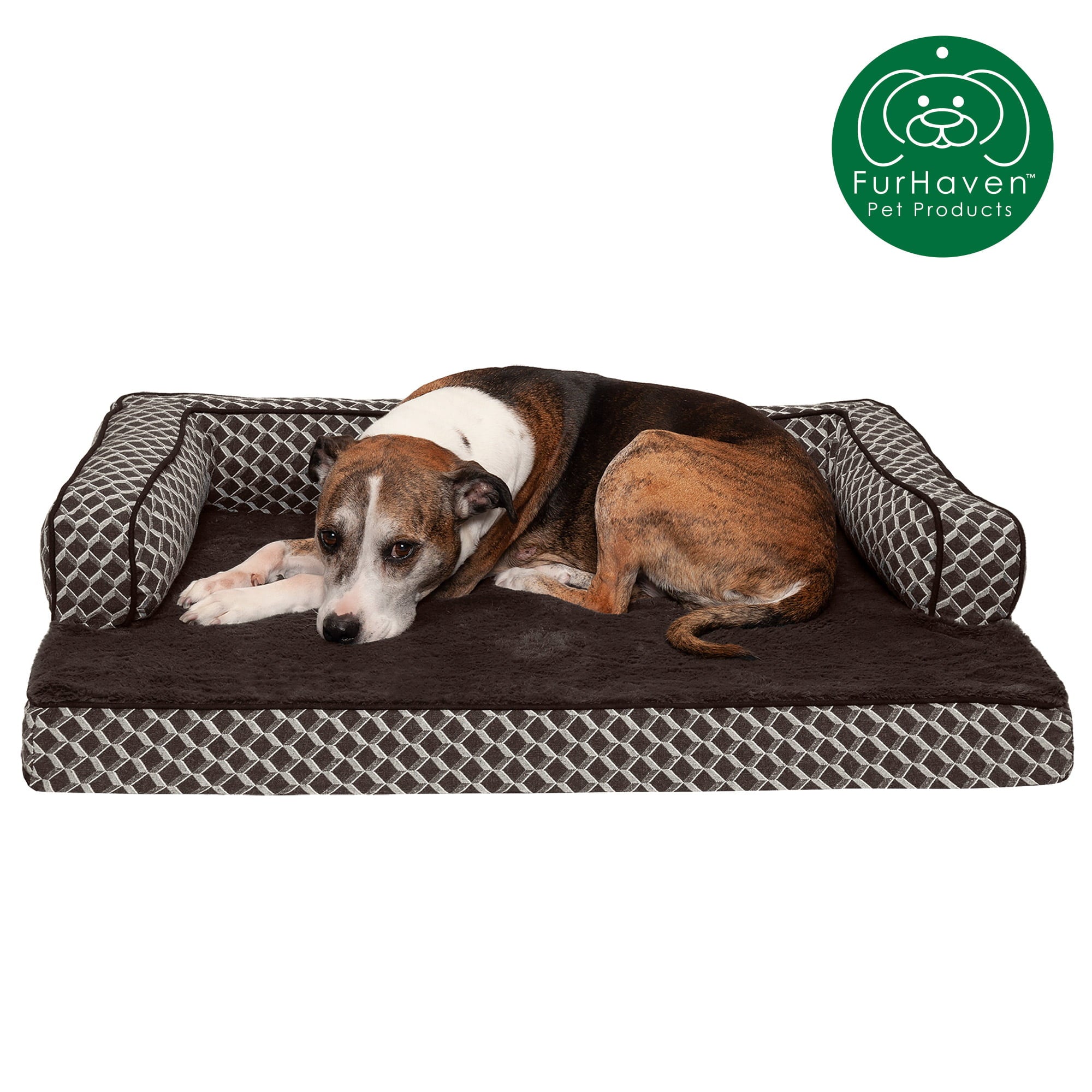 FurHaven Pet Products | Cooling Gel Memory Foam Orthopedic Plush and Decor Comfy Couch Pet Bed for Dogs and Cats， Diamond Brown， Large