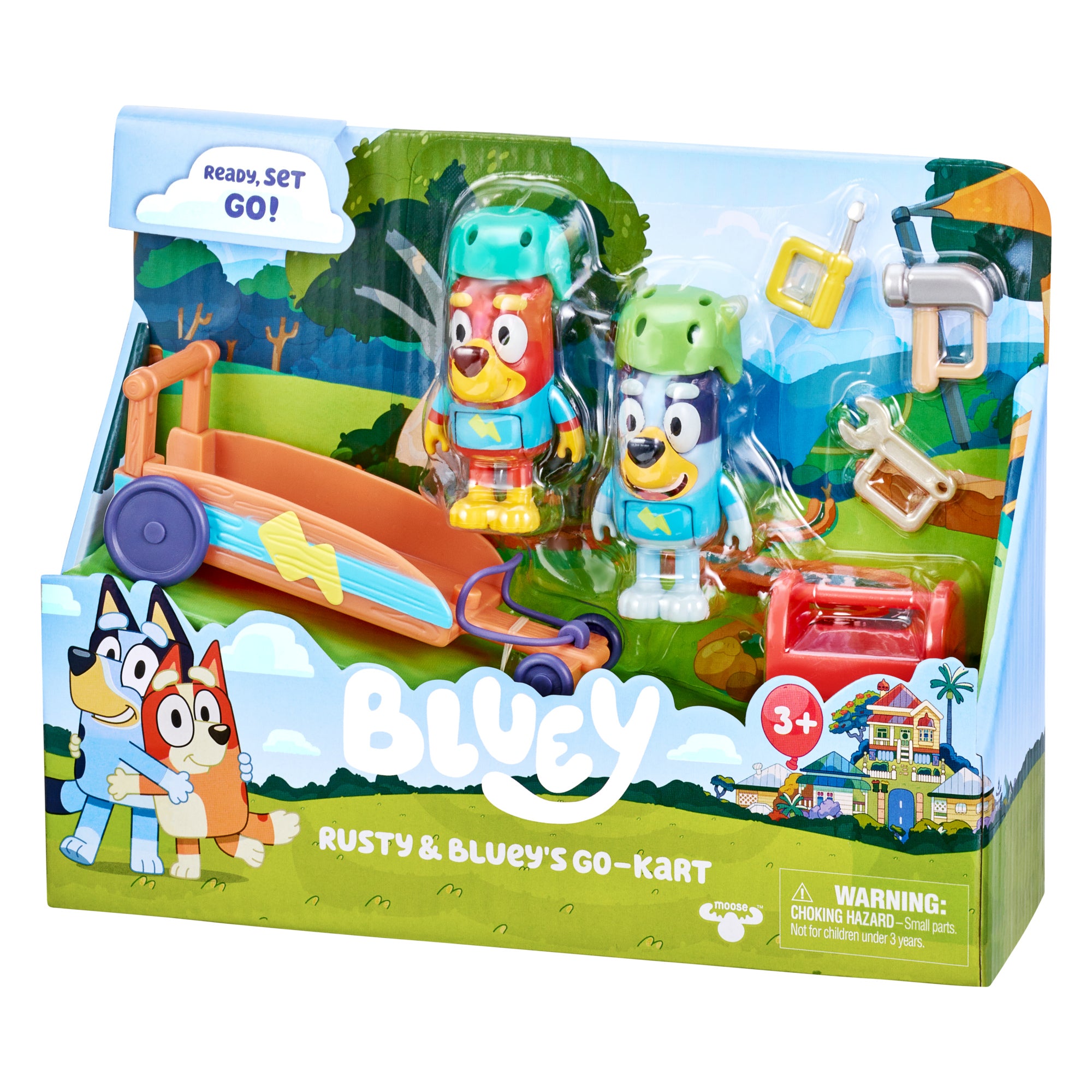 Bluey， Rusty and Bluey's Go-Kart Vehicle and Figures Pack， 2.5-3 inch Figures and Accessories， Preschool， Ages 3+