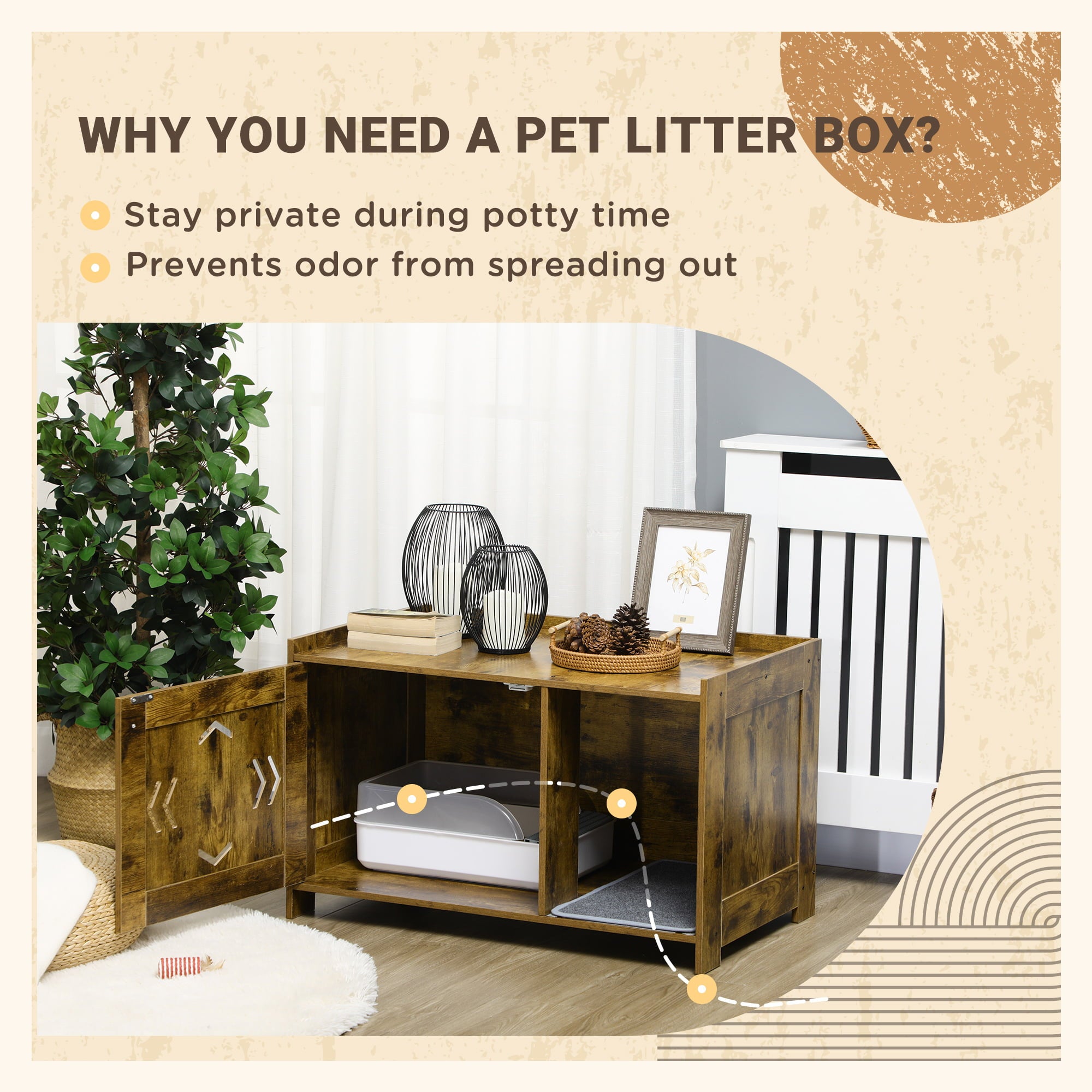 PawHut Hidden Kitty Litter Box Enclosure， Industrial Cat Litter Box Furniture with Door and Scratching Pad， Cat Washroom Storage Bench for Living Room， Bedroom， Hallway， Rustic Brown