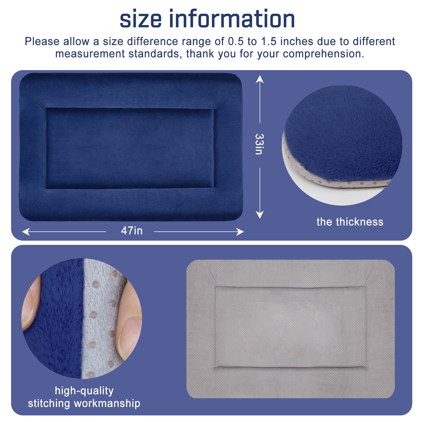 Hero Dog Large Dog Bed Crate Mat 47 in Washable Pet Beds Soft Dog Mattress Anti-Slip Kennel Mats (Dark Blue)