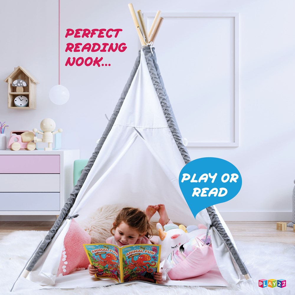 Teepee Tent For Kids With Mat - Foldable Kids Natural Cotton Canvas Teepee Play Tent With Wood Poles And Carry Case - Play Tents For Girls Boys, Indoor Outdoor Kids Playhouse Tent -Play22USA