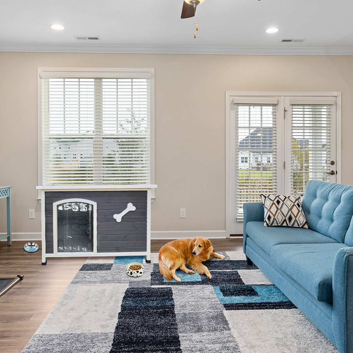 ZPL 38 Inch Wooden Dog House Outdoor Indoor Pet Kennel for Winter w/ Anti Chewing Frame and Raised Feet， Weatherproof Hut for Small Medium Large Dogs