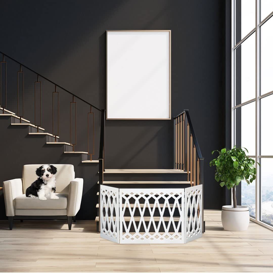 Pet Gate for Doorways and Stairs - Safety Dog Gate -Wooden Panel Freestanding Gates for The House- Z Shape Tri-Fold (Diamond White)