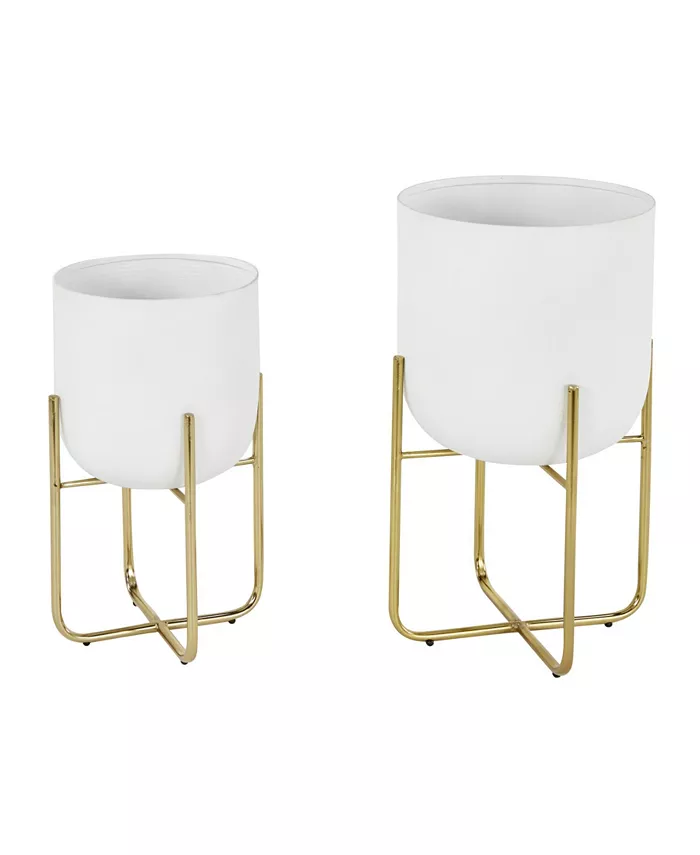 Rosemary Lane Contemporary Style Large Round Metallic Planters in Stands， Set of 2