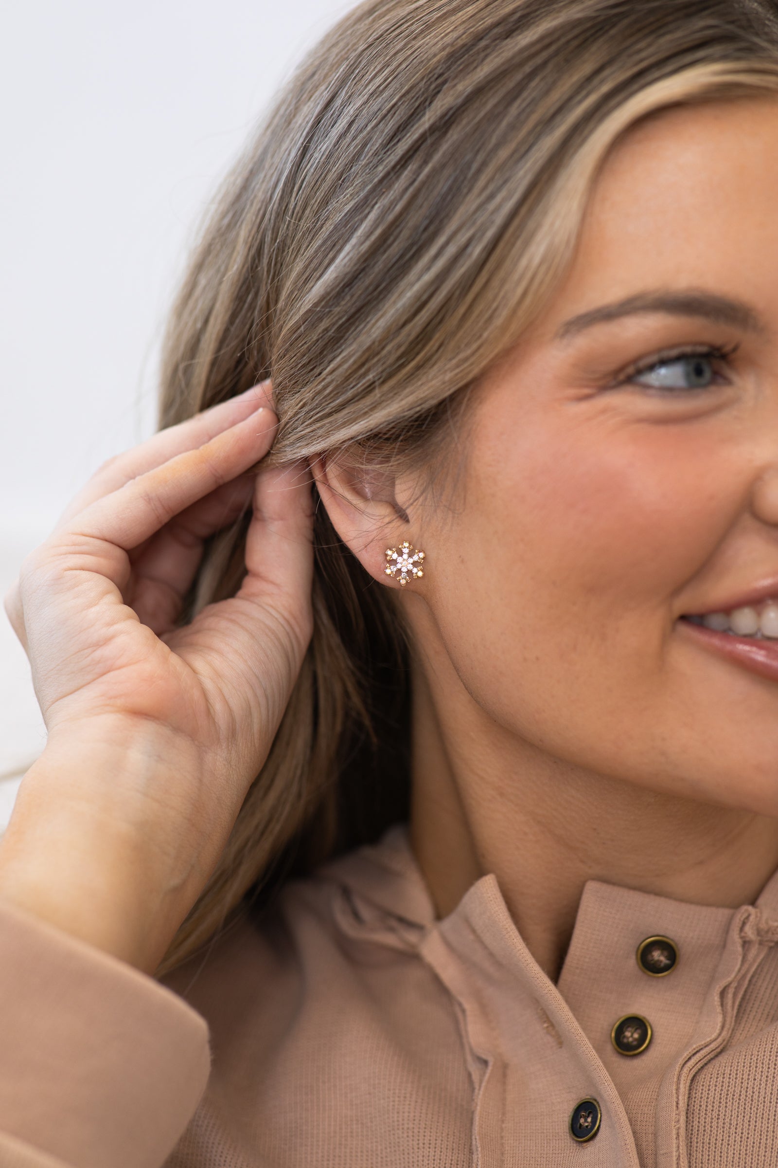 Gold Rhinestone Snowflake Stud Earrings