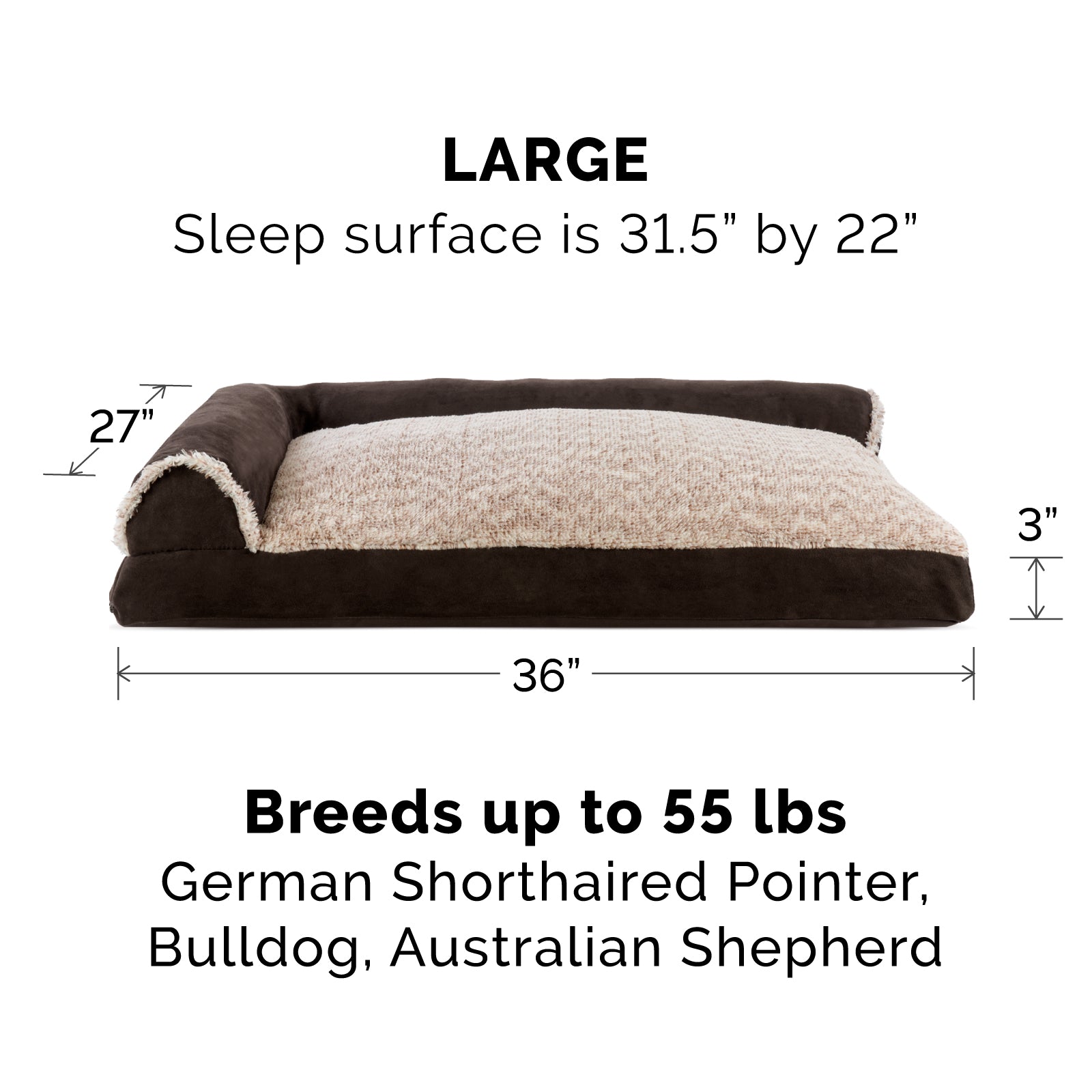 FurHaven | Faux Fur and Suede Deluxe L-Chaise Lounge Pillow Sofa Pet Bed for Dogs and Cats， Espresso， Large