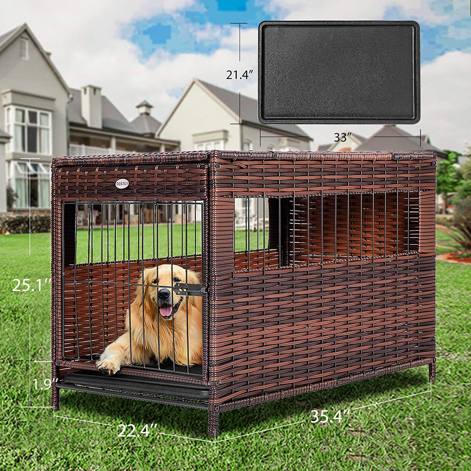 DEStar Heavy Duty PE Rattan Wicker Pet Dog Cage Crate Indoor Outdoor Puppy House Shelter with Removable Tray and UV Resistant Cover (Medium - 23