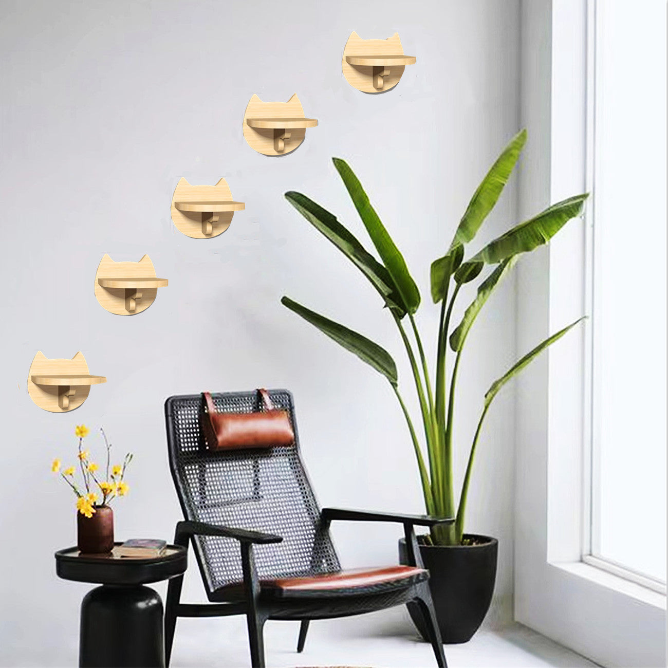 SHENGOCASE 5-Pack Natural Solid Wood Wall Mounted Cat Wall Shelves， Cat Wall Furniture， Cat Wall Steps， Wall Stairs， Wall Perch Bed Hammack