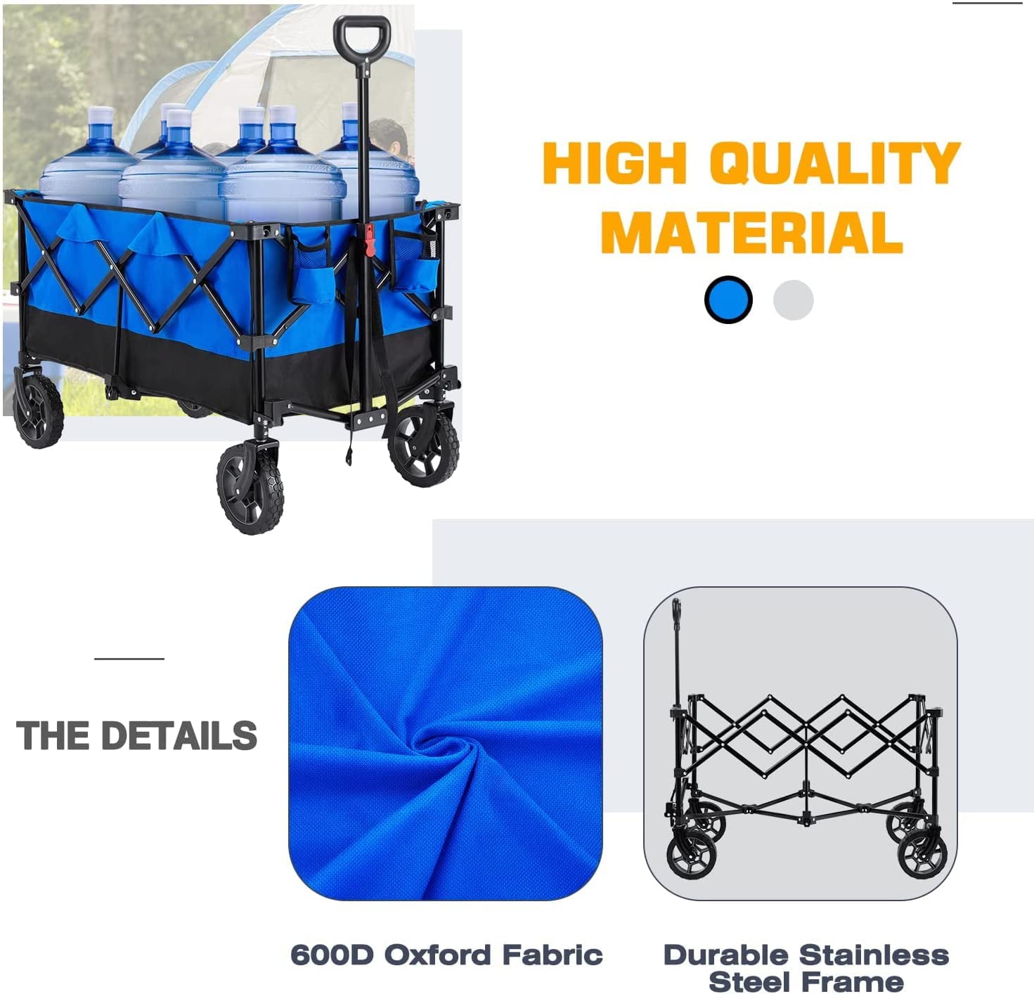 Mellcom Folding Wagon Cart， Outdoor Utility Foldable Trolley for Travel， Shopping， Camping， Blue