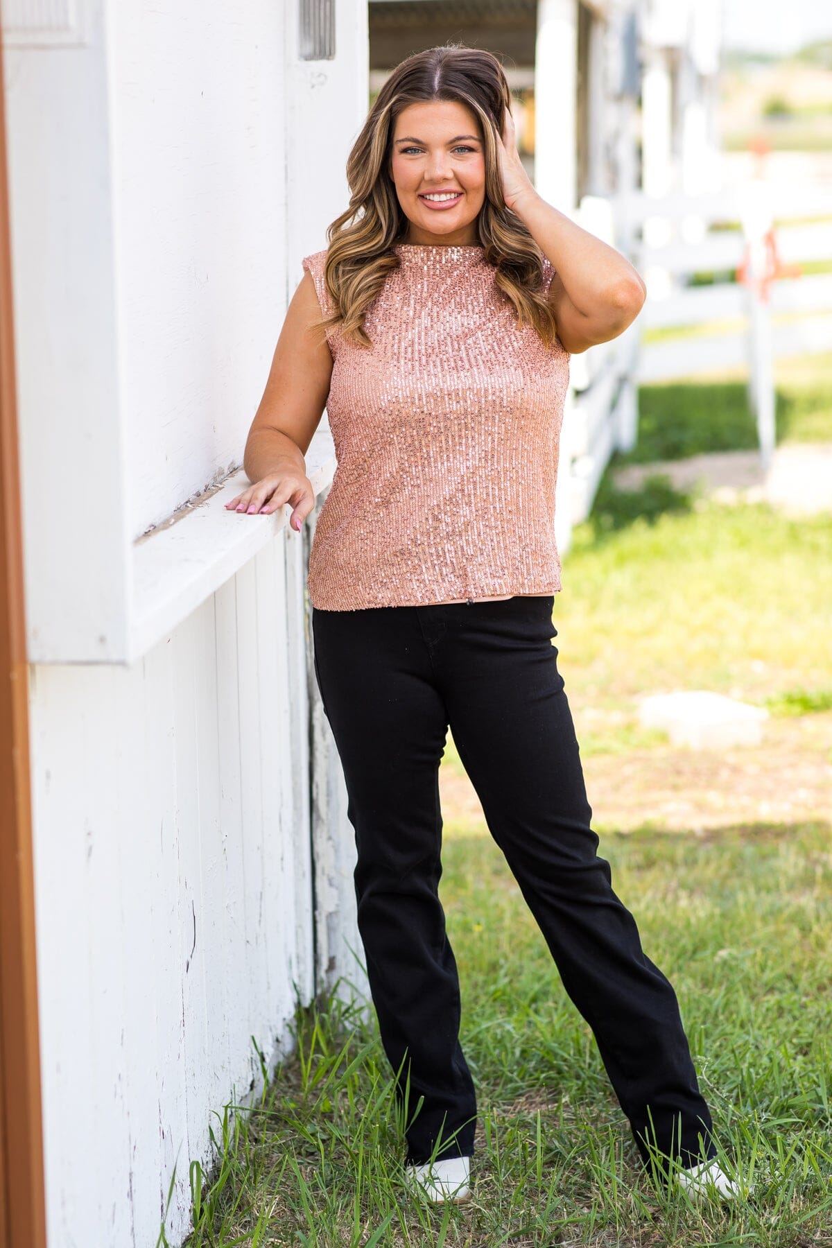 Dusty Rose Sequin Padded Shoulder Top