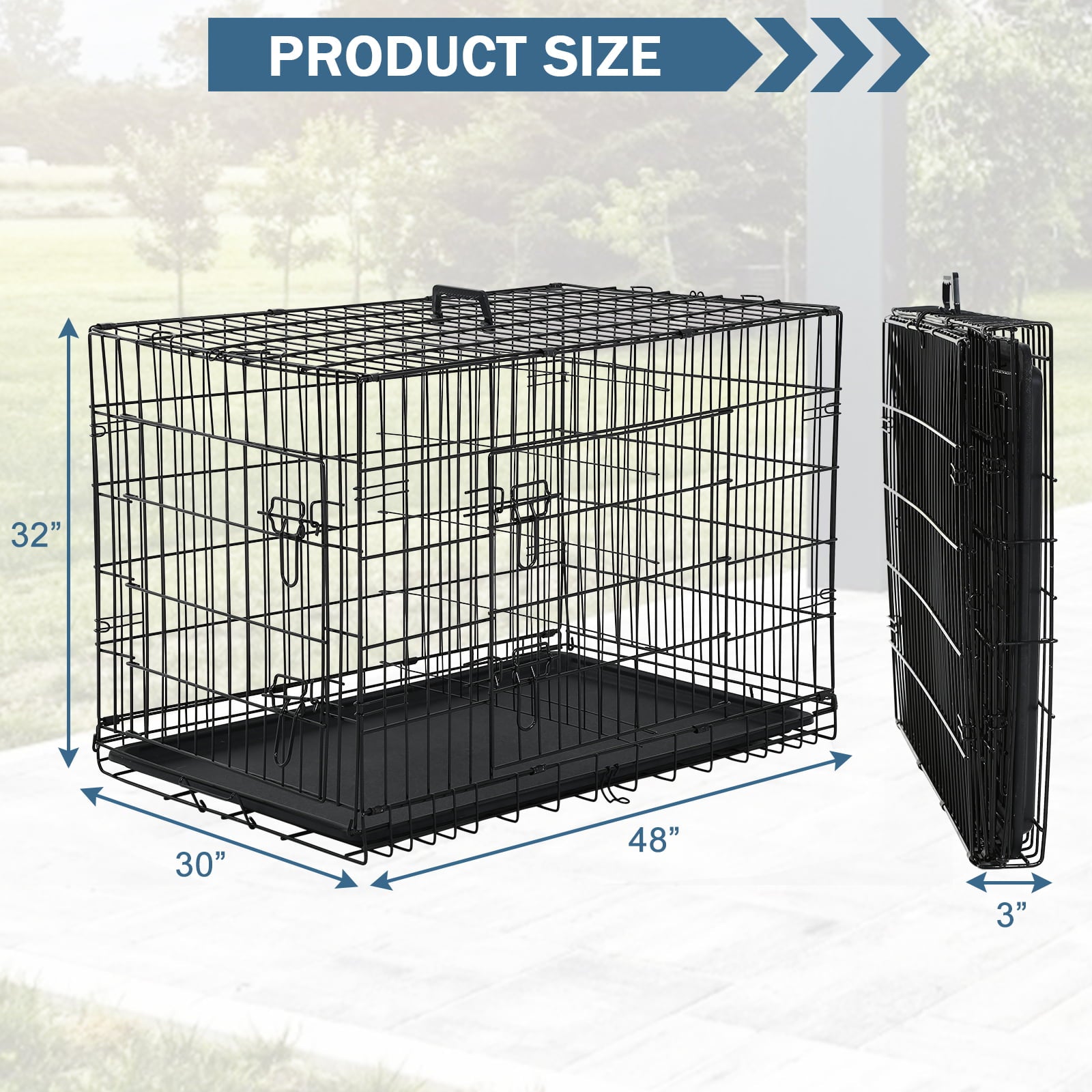 YRLLENSDAN 48 inch Foldable Large Dog Crate for Large Dogs， Metal Wire Dog Cage with Plastic Tray and Handle Double-Door Outdoor Dog Crates and Kennels for Medium dogs