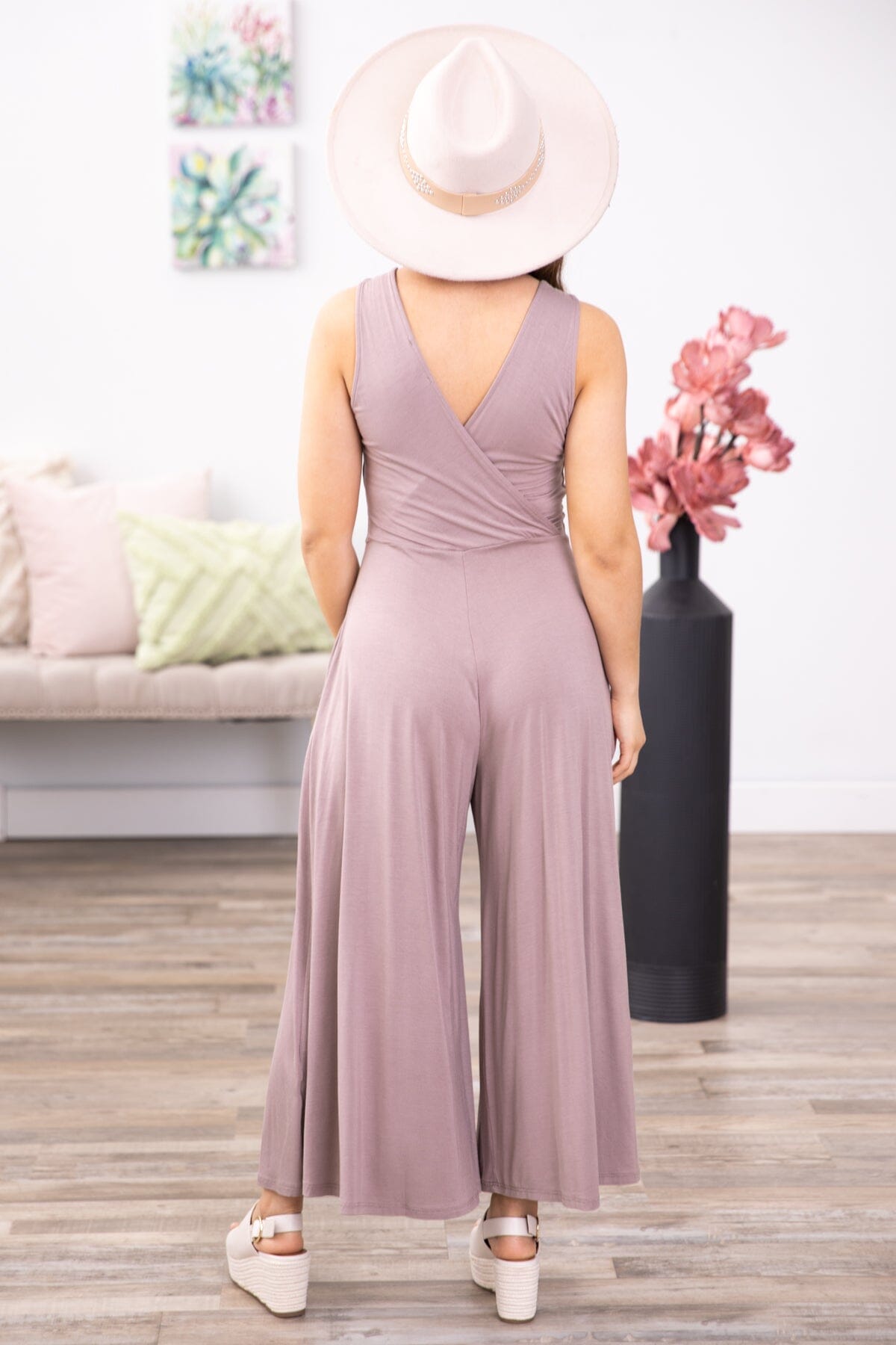 Mocha Surplice Front Wide Leg Jumpsuit