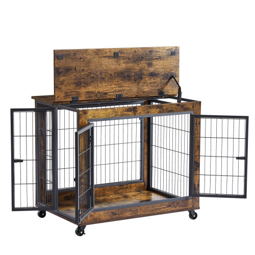 Furniture Dog Cage Crate with Double Doors on Casters(Rustic Brown; 31.50''W*22.05''D*24.8''H)