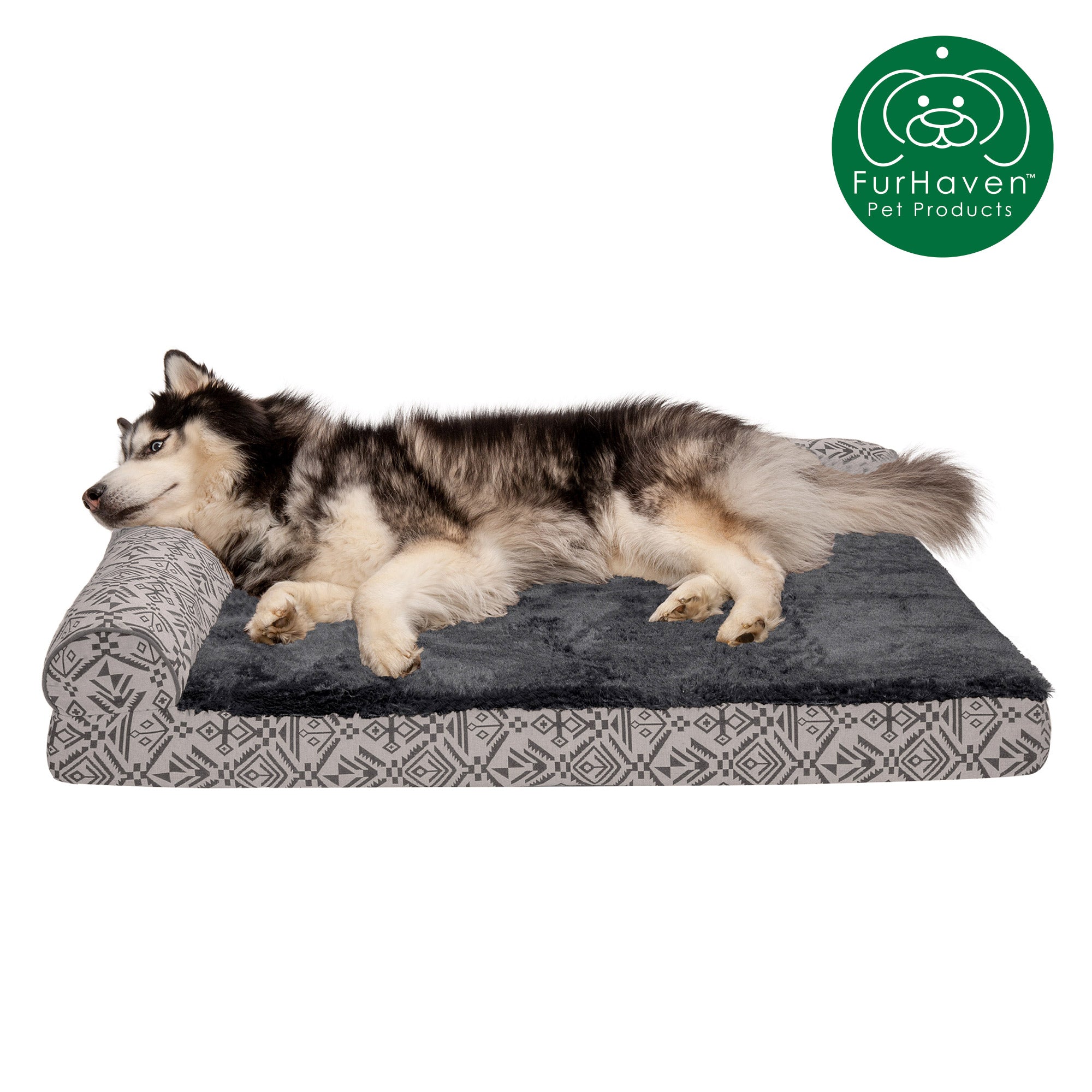 FurHaven | Deluxe Memory Foam Southwest Kilim L-Chaise Lounge Pet Bed for Dogs and Cats， Boulder Gray， Jumbo