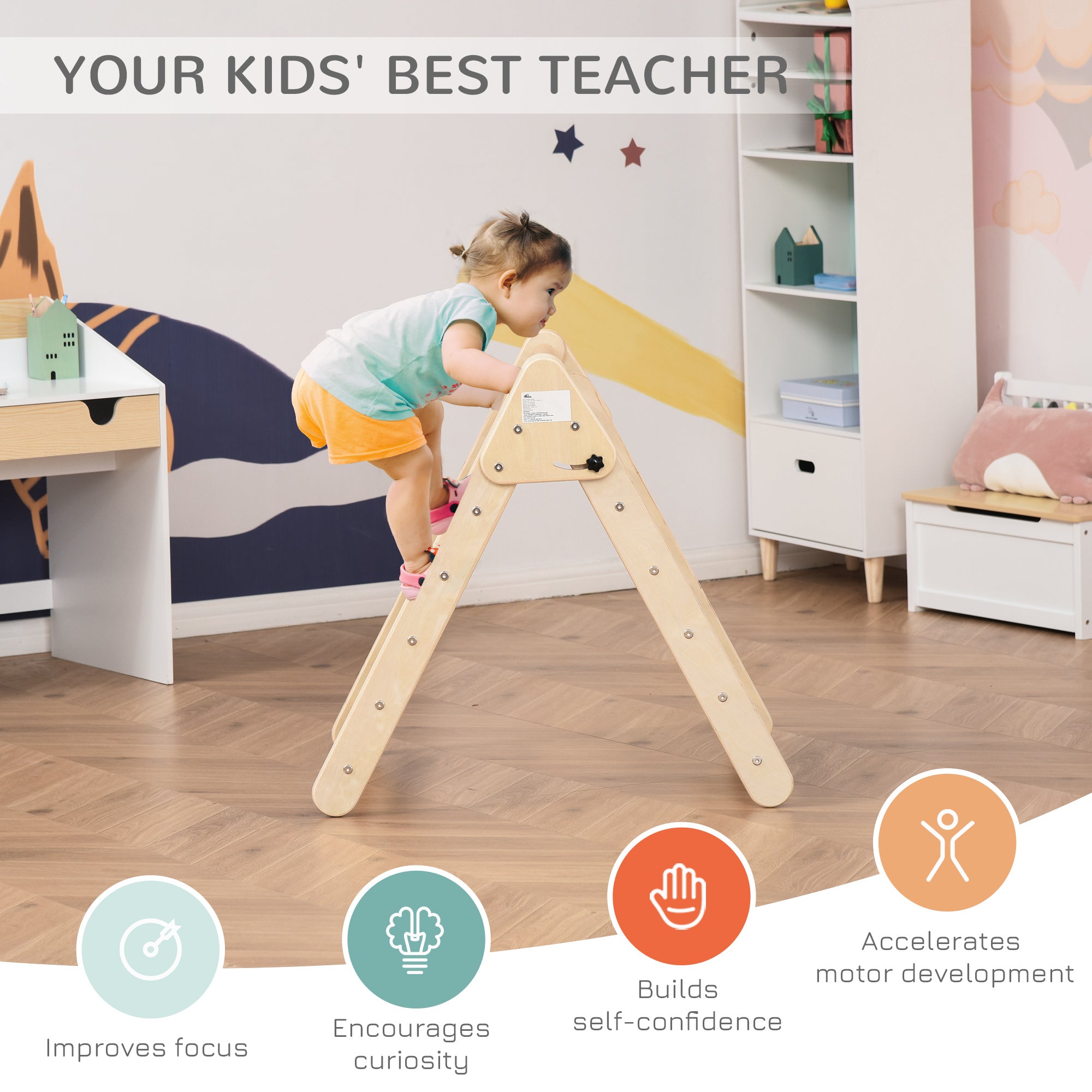 Qaba Kids Triangle Climber Foldable Triangle Ladder for Toddler Natural