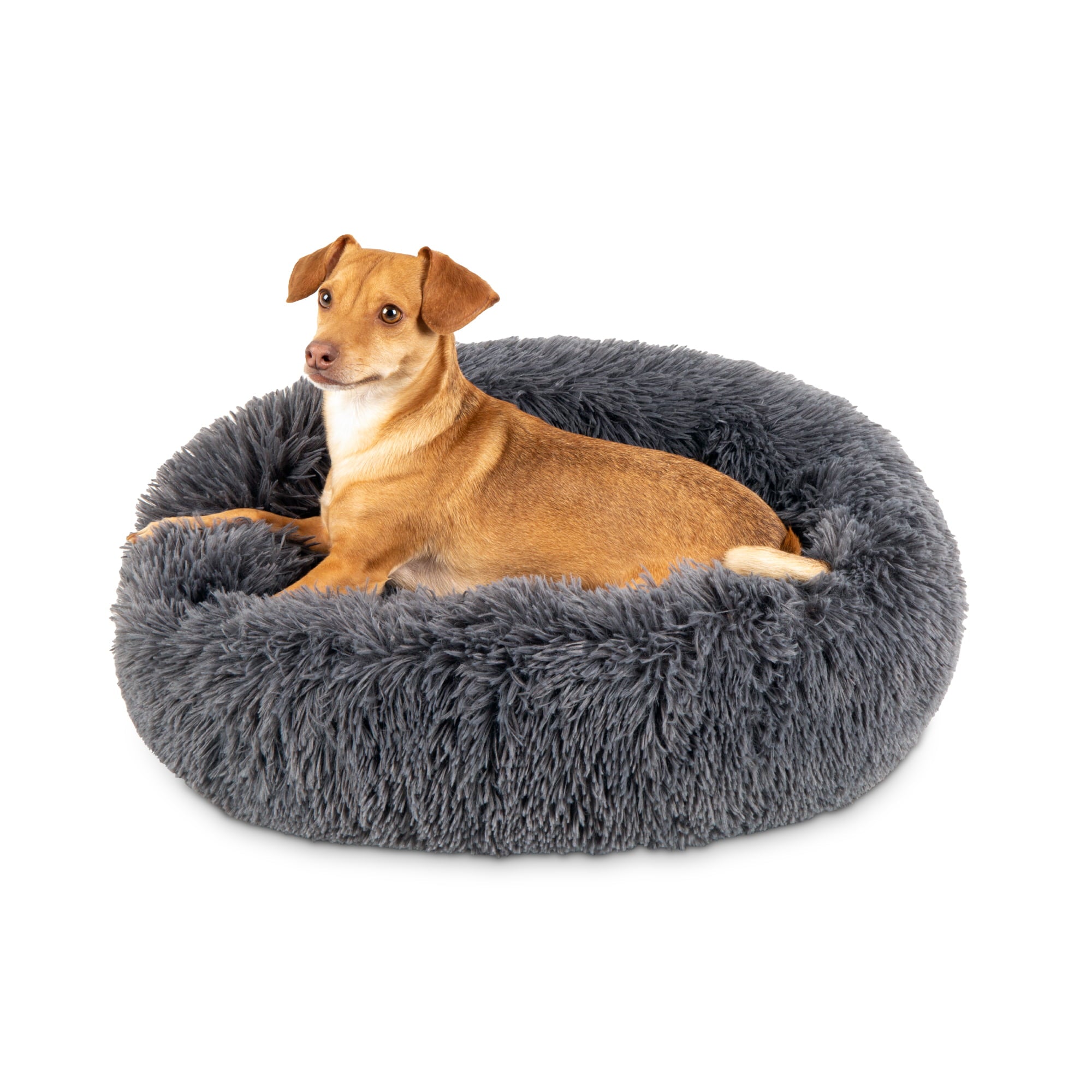 Best Choice Products Self-Warming Plush Faux Fur Donut Calming Dog Bed Cuddler w/ Water-Resistant Lining - Gray