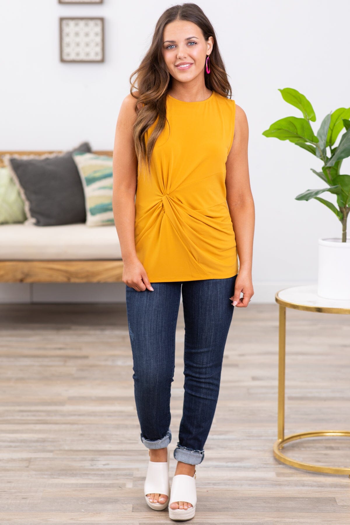 Mustard Tank With Gathered Knot Detail