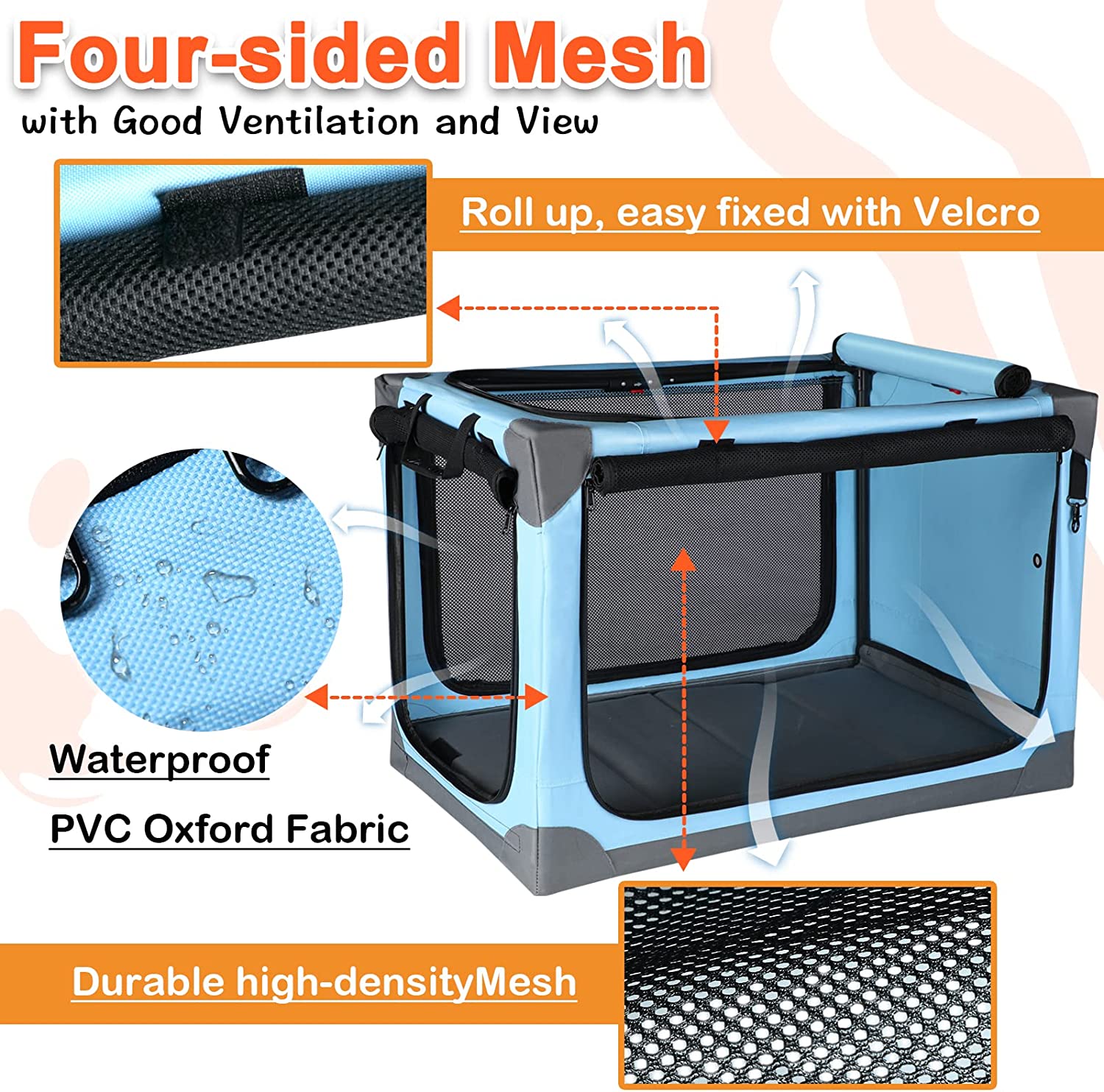 Collapsible Dog Crate 36 inch， Portable Dog Travel Crate， Qpinkpet Soft Foldable Dog Crate Kennel for Car， 4 Door Soft Sided Dog Crate for Medium Large Dogs with Strong Steel Frame， Indoor Outdoor