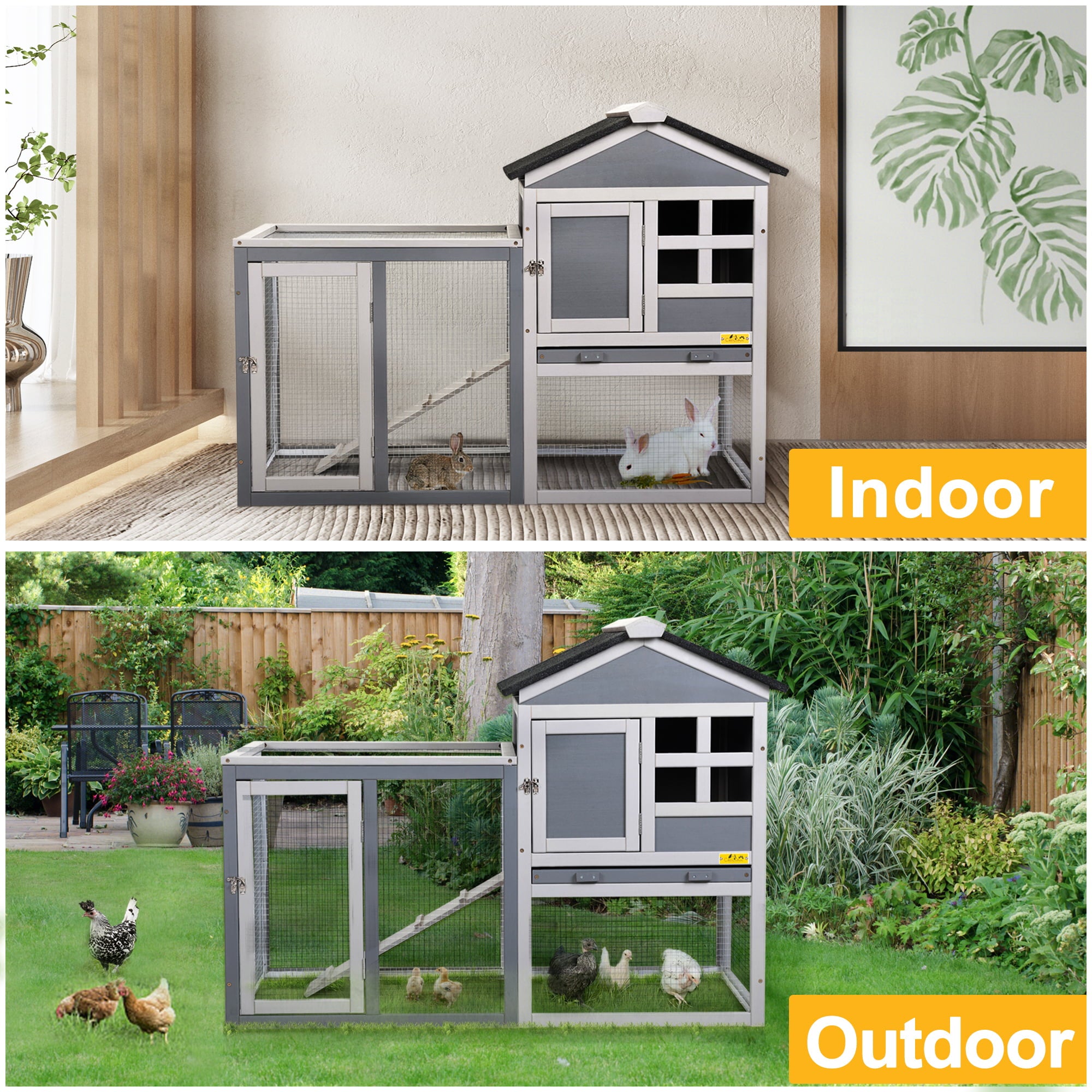 Coziwow Wooden Rabbit Hutch Small Animal Cage Guinea Pig Coop W/ Openable Roof， Gray