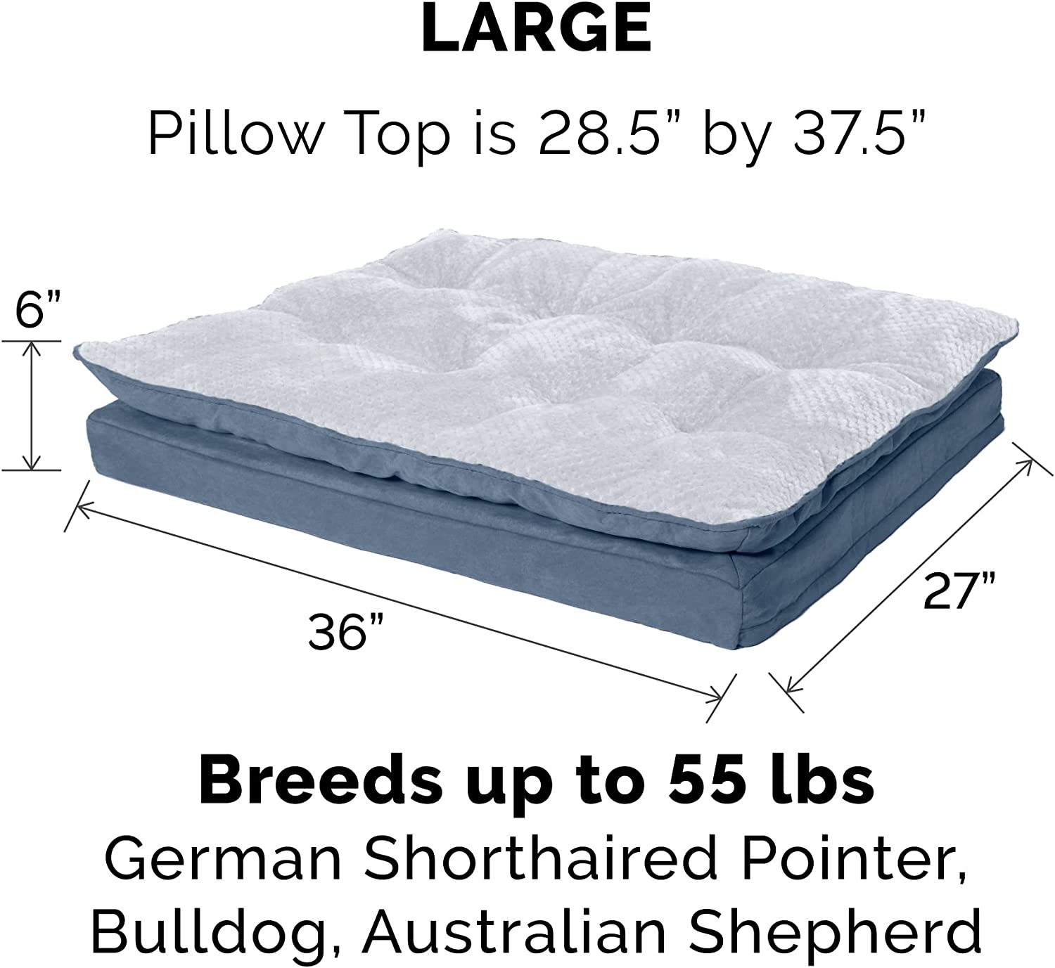 Furhaven Large Orthopedic Dog Bed Minky Plush and Suede Pillow Top Mattress w/ Removable Washable Cover - Stonewash Blue， Large Pillow Top - Minky Plush and Suede (Stonewash Blue) Large Orthopedic Foam