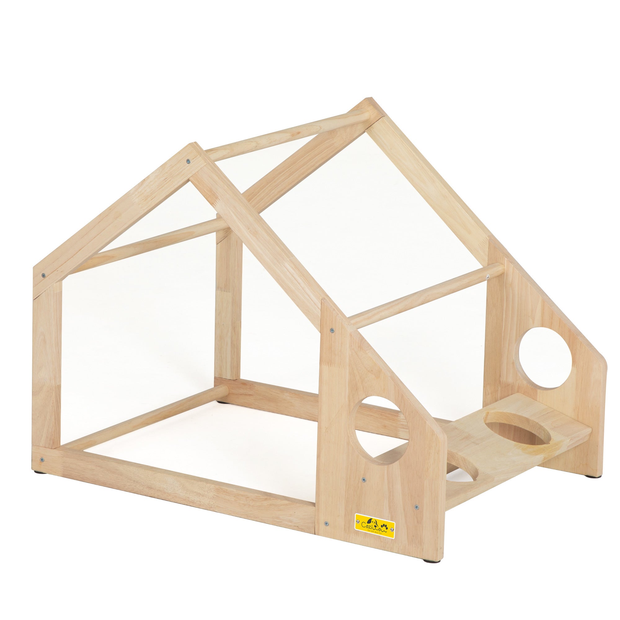 LANTRO JS 2 In 1 Wood Dog House Indoor， Cabin Dog Kennel with Cushioned Bed， Cover Scratcher， Feeding Bowls， Pet Habitat for Cats， Small and Medium Dogs， Natural and Gray