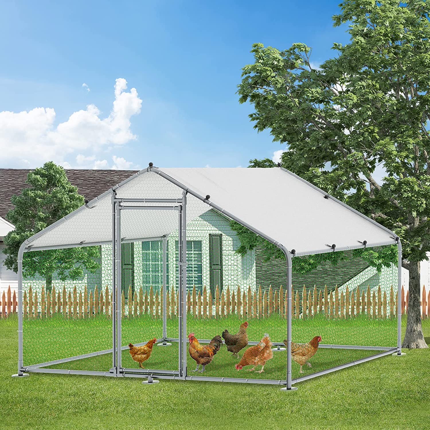 MEETWARM Large Metal Chicken Coop Run， Walk-in Poultry Cage Chicken Run Pen， Duck Rabbits House Spire Shaped Coop with Waterproof Anti-UV Cover for Outdoor Farm Use