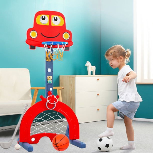 EALING BABY 5 in 1 Toddler Basketball Hoop Sports Center with Soccer Goal Golf and Ring Toss Game -- Red Car