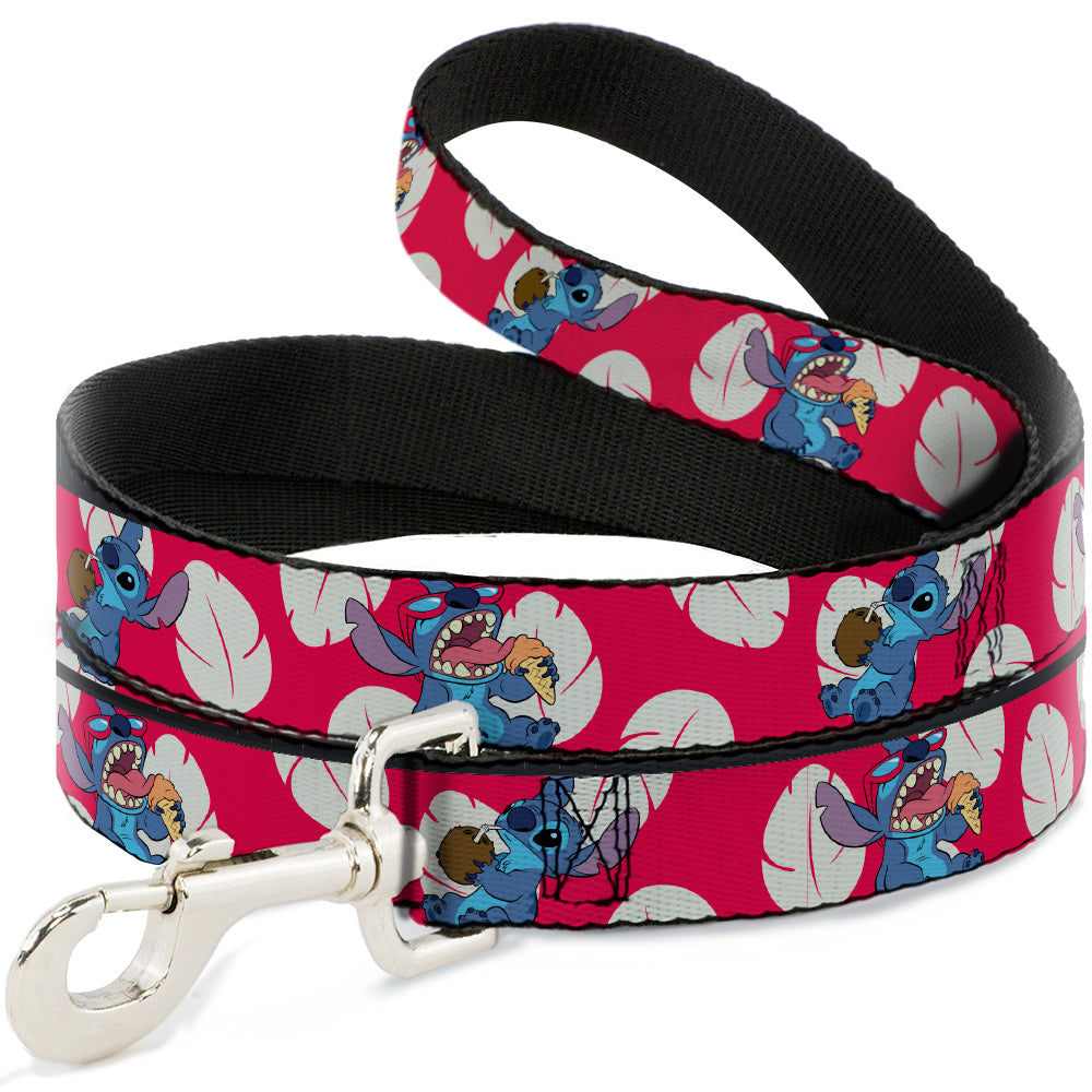 Disney Pet Leash， Dog Leash， Lilo Stitch 2 Eating Poses Lilo Dress Leaves Red Ivory， 4 Feet Long 0.5 Inch Wide