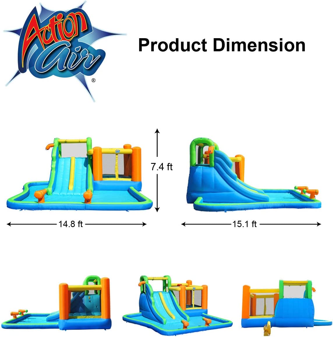 Action Air Bounce House or Water Slide， 7-in-1 Inflatable Bouncer Combo with Large Pool， Fun Bounceing Area with Basketball Hoop， Long Double Slide with 2 Water Sprays， Air Blower Included