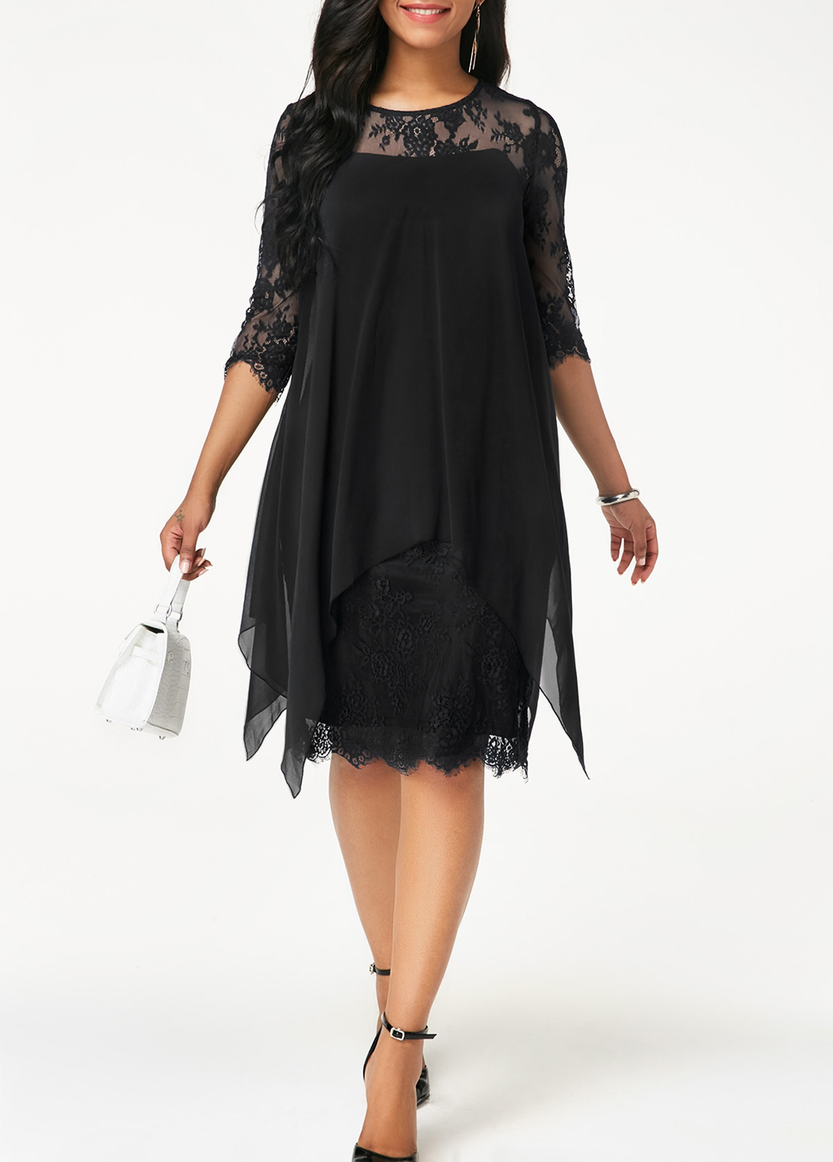 Chiffon Overlay Three Quarter Sleeve Lace Dress