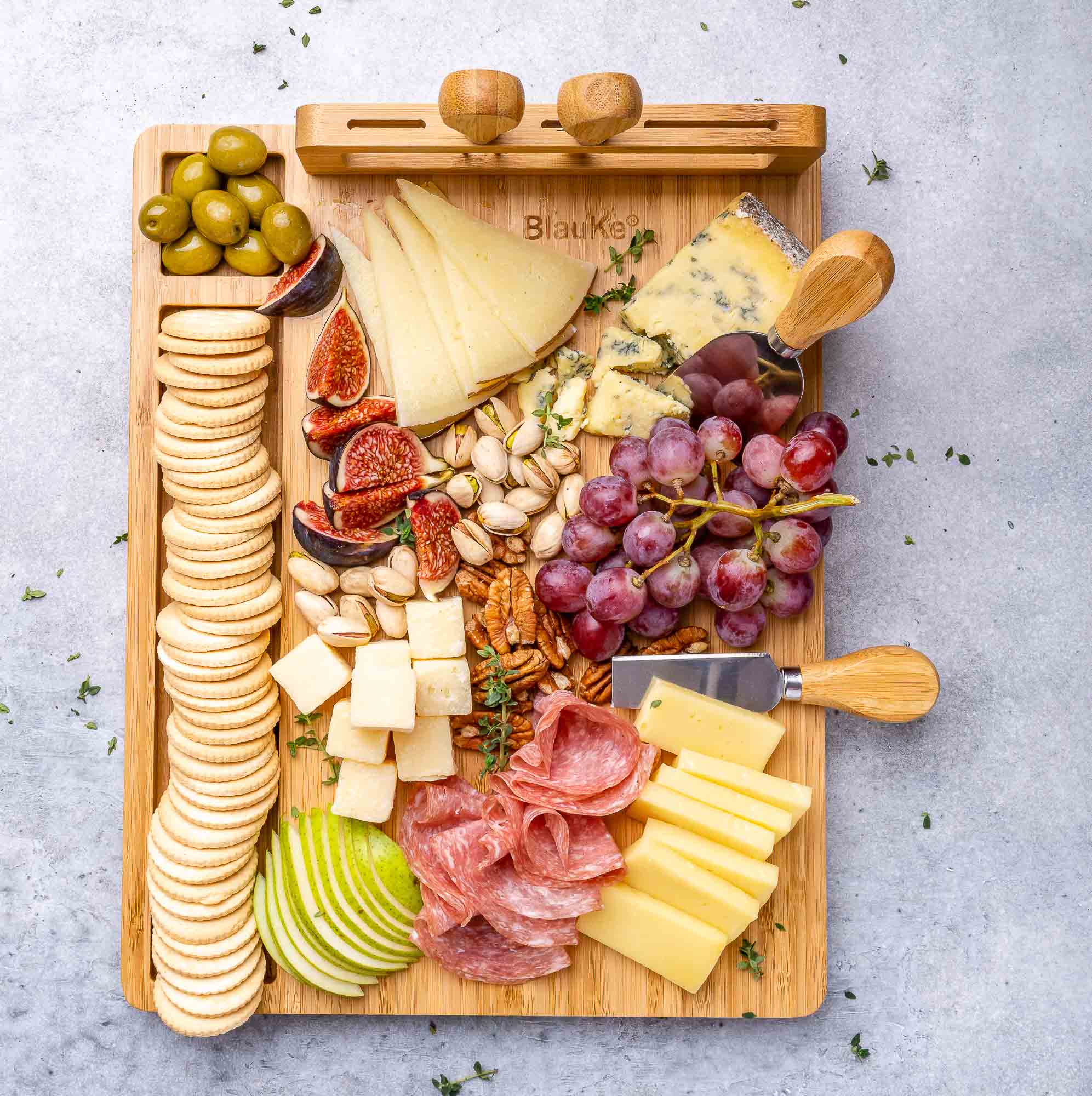 BlauKe® Bamboo Cheese Board and Knife Set 14x11 inch – Wood Cheese Cutting Board， Serving Tray Platter， Charcuterie Board Set with 4 Cheese Knives