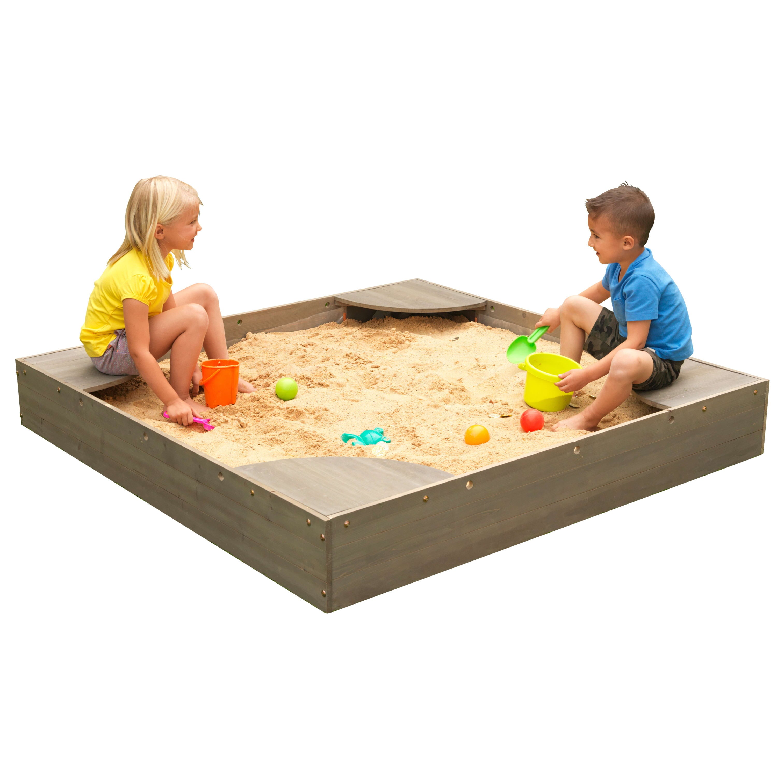 KidKraft Wooden Backyard Sandbox with Built-in Corner Seating and Mesh Cover， Gray