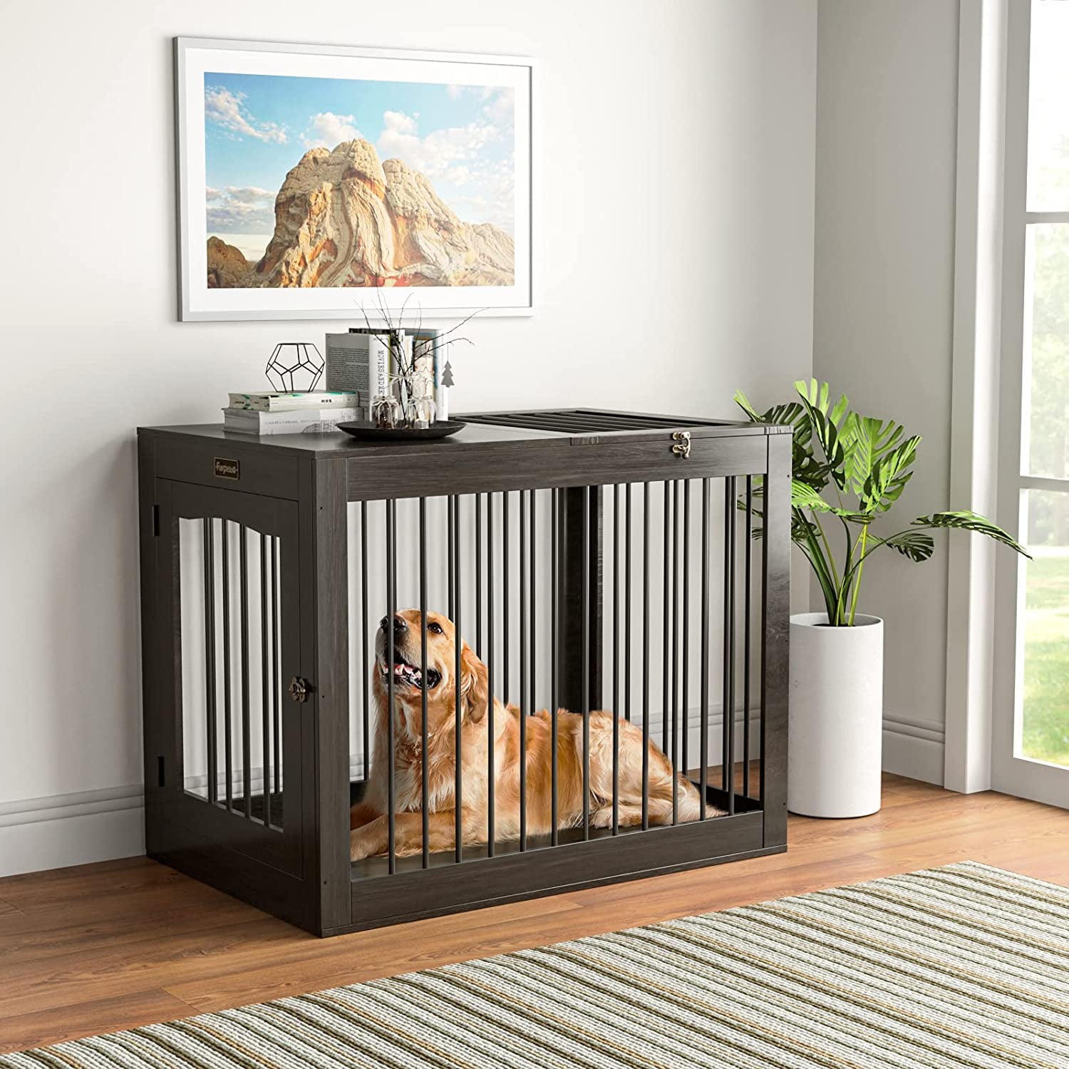 Furpezoo Dog Crate， Large Dog Crate Furniture Wood Two Door Dog Cage， 40