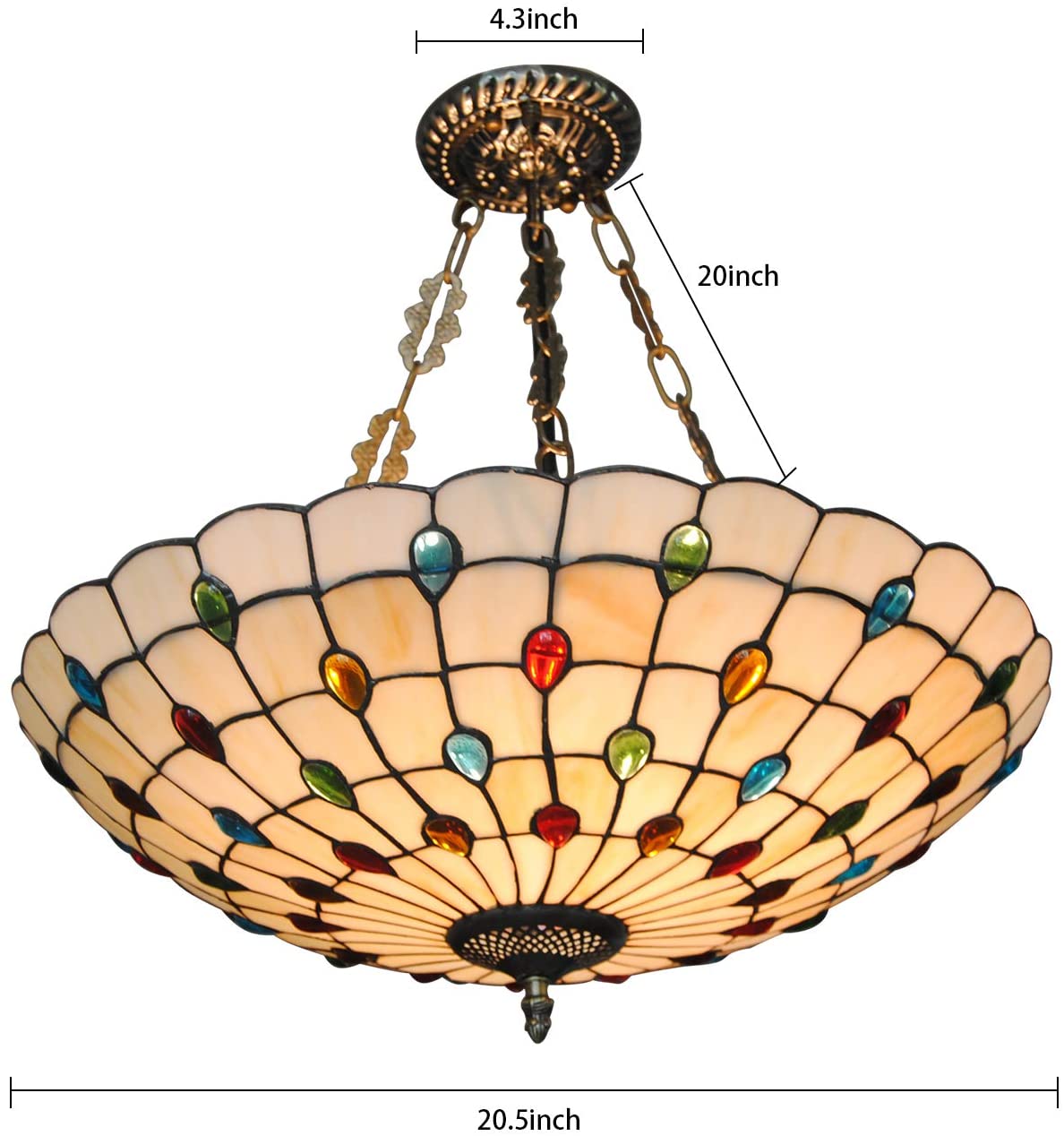 Miumaeov Vintage  Style Semi-Flush Ceiling Fixture Lamps, 20" Antique Art Beige Stained-Glass Shade 5xE26 Base, Suitable for Living Room Bedroom Study Kitchen Office Island Bar Hallway Dining