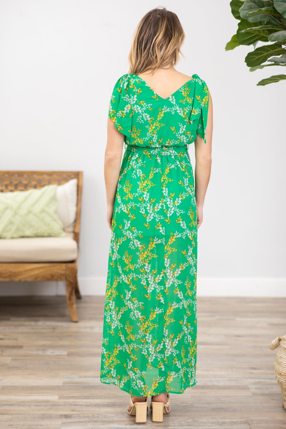 Green Floral Print Surplice Front Maxi Dress