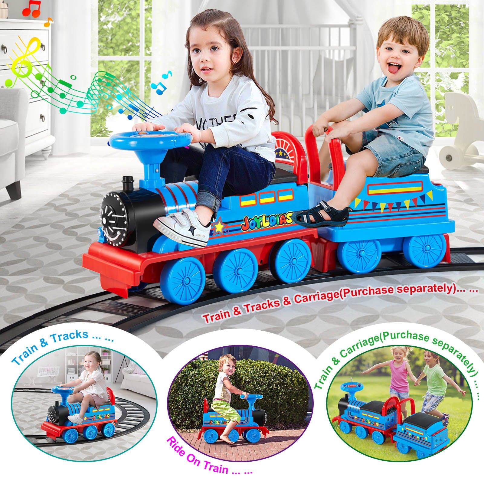 JOYLDIAS 6V Electric Ride on Train for Kids with Curved Tracks， Songs， Stories， Lights， Horns， Storage and Foot Pedals， Blue