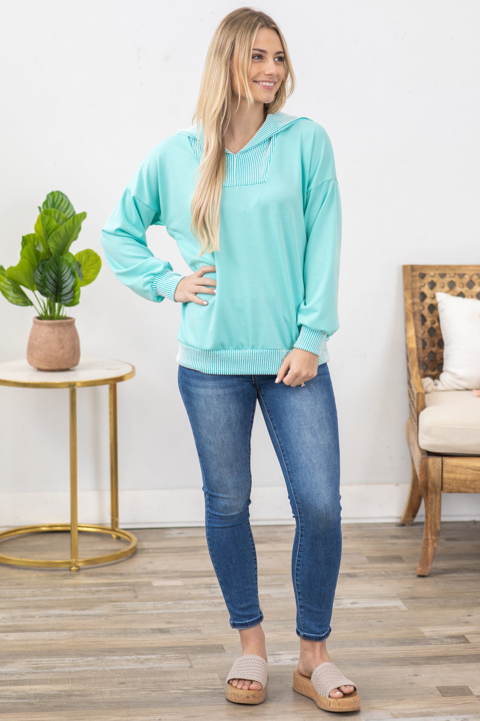 Turquoise Long Sleeve Rib Detail Knit Top