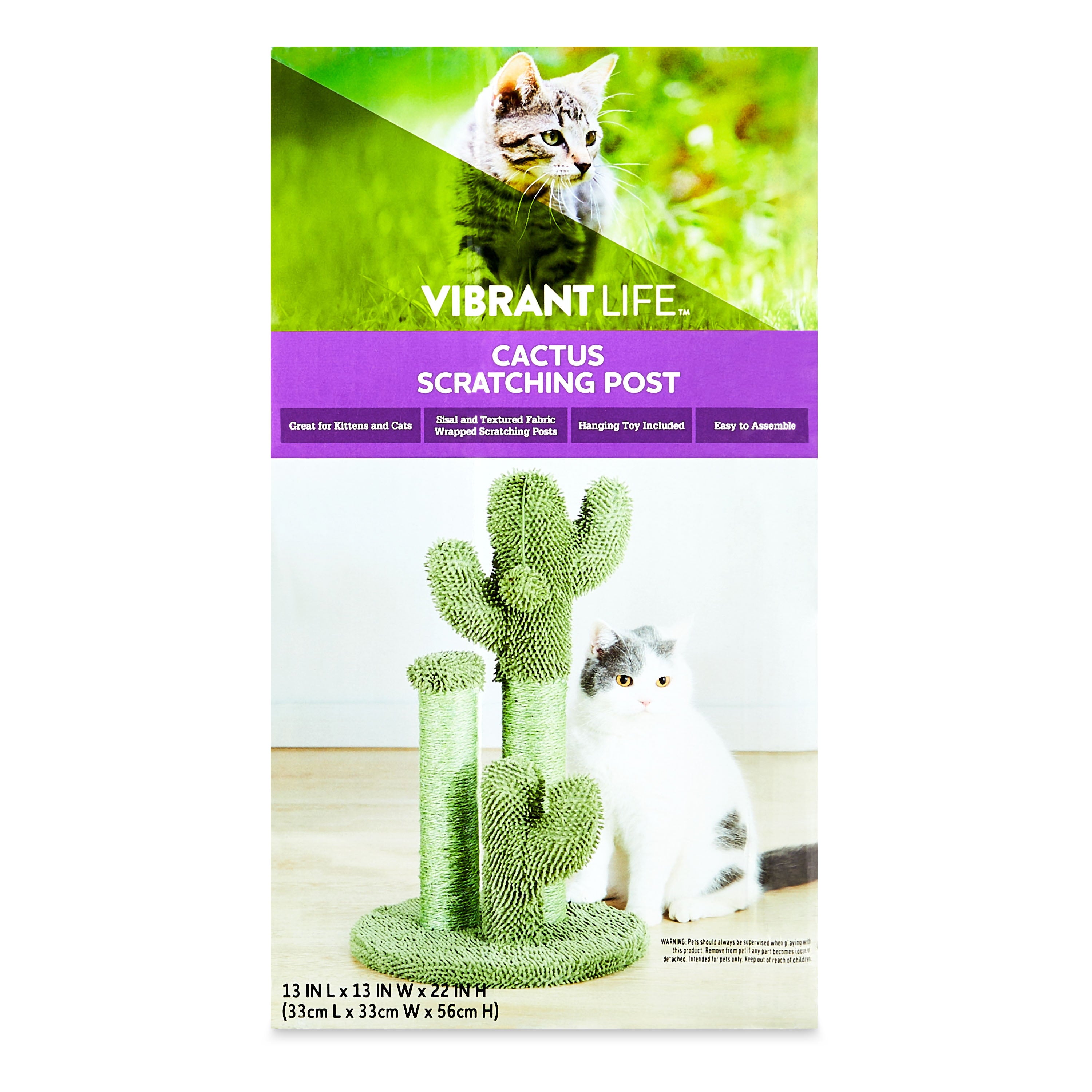 Vibrant Life Cactus 3-Arm Chenille， Sisal and Jute Cat Scratching Post with Cat Toy