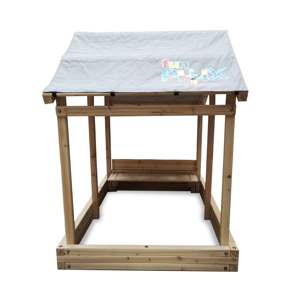 Funphix Dig n’ Play Wooden Sandbox Playhouse with Bench and Flower Planter， Outdoor Sand Pit for Kids