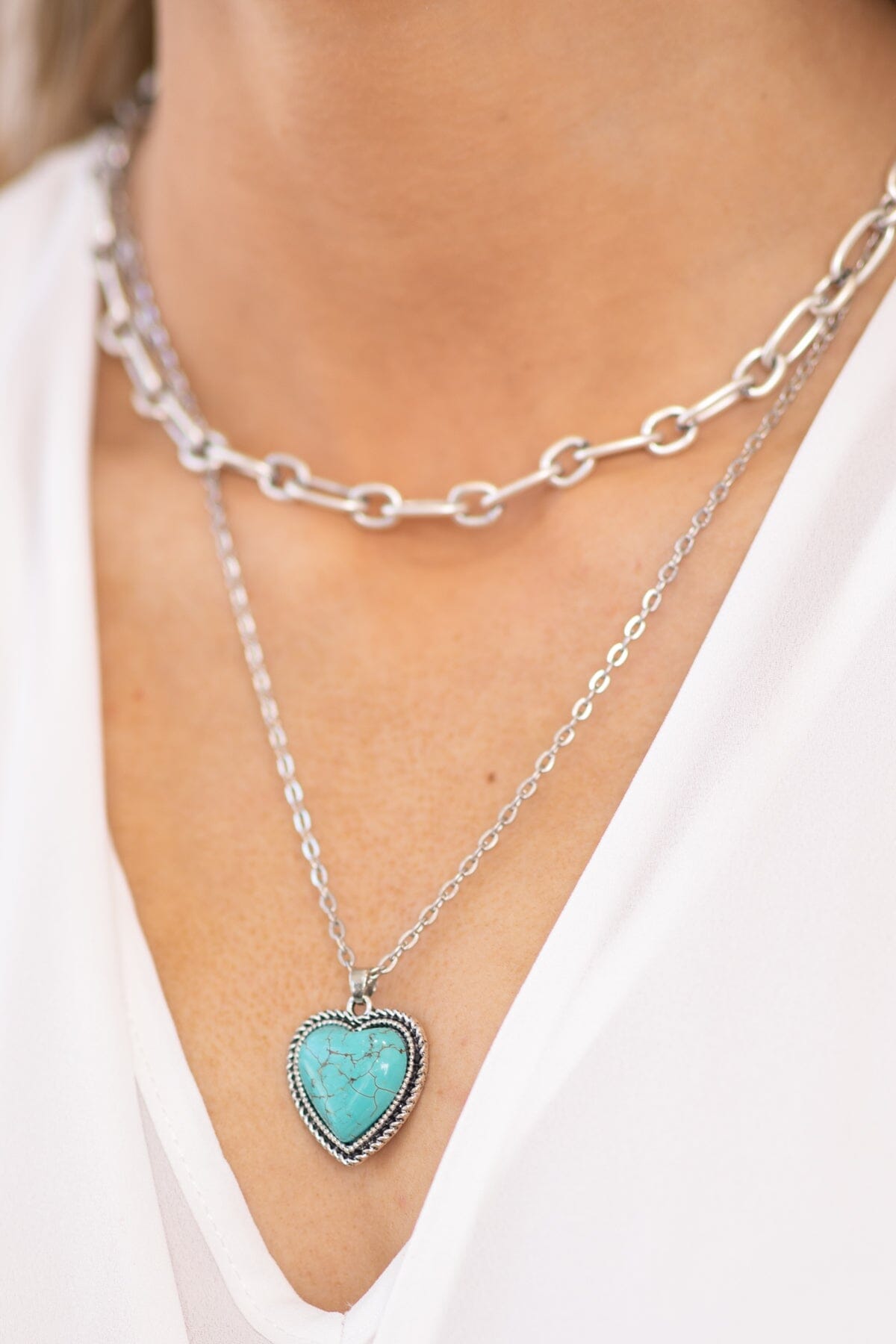 Turquoise Heart Pendant Two Strand Necklace