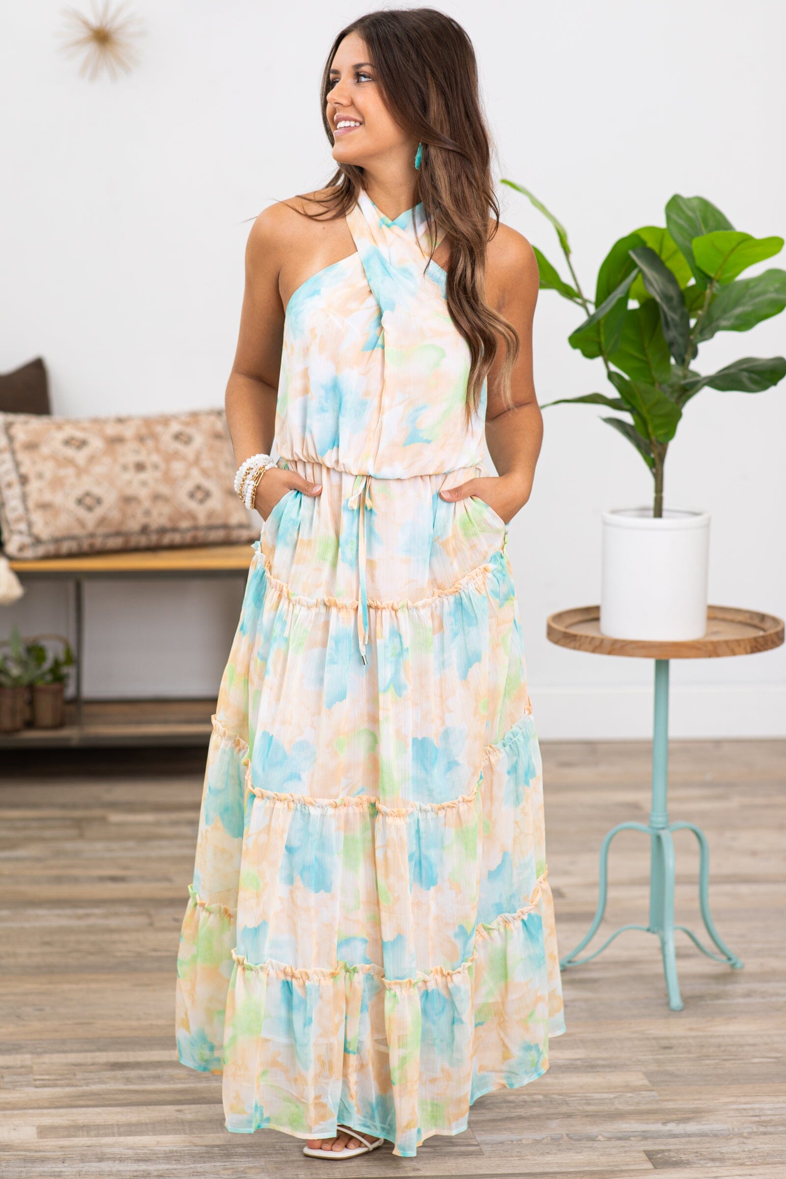 Peach Multicolor Floral Halter Neck Maxi Dress