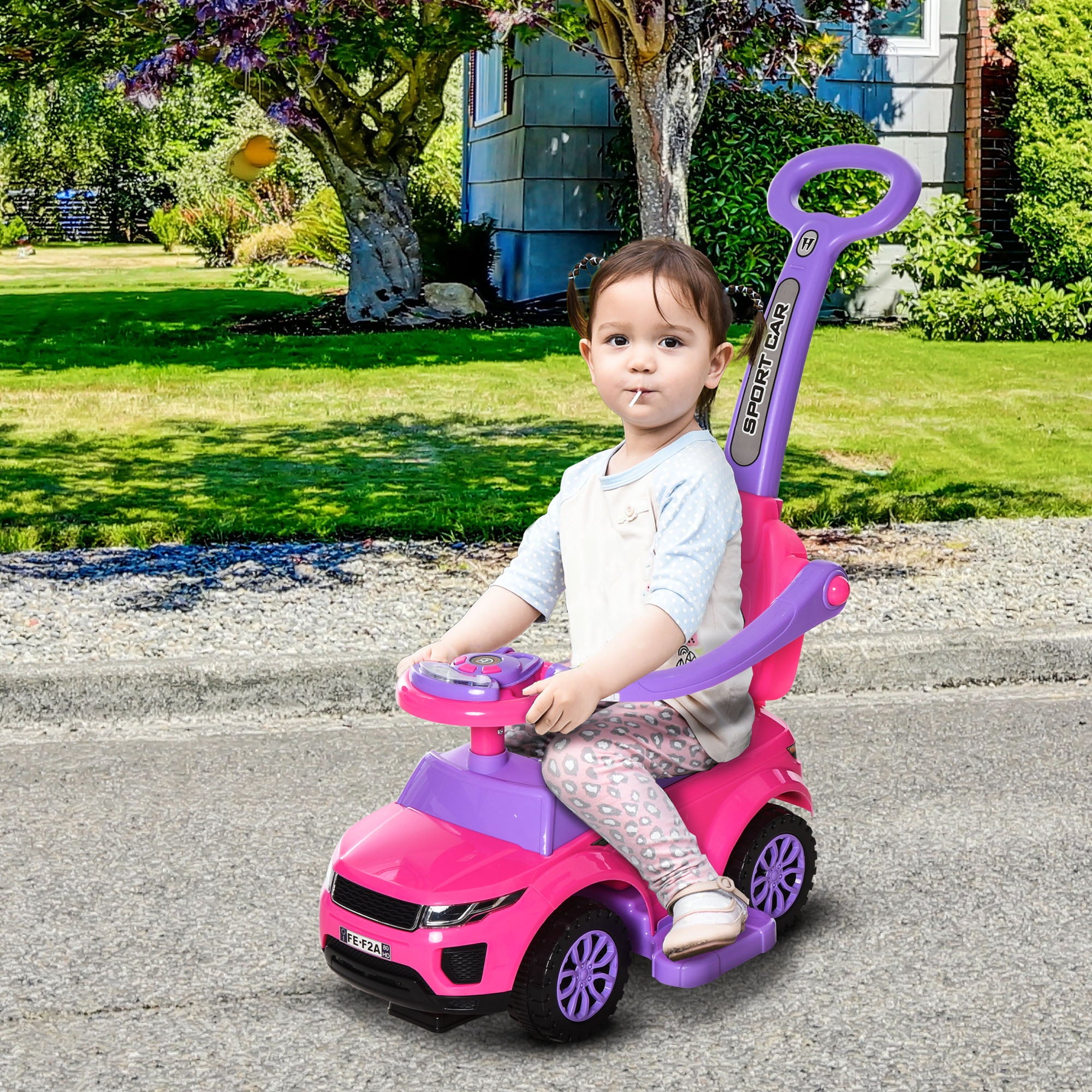Aosom 3 In 1 Push Cars for Toddlers Kid Ride on Push Car Stroller Sliding Walking Car with Horn Music Light Function Secure Bar Ride on Toy for Boy Girl 1-3 Years Old Pink