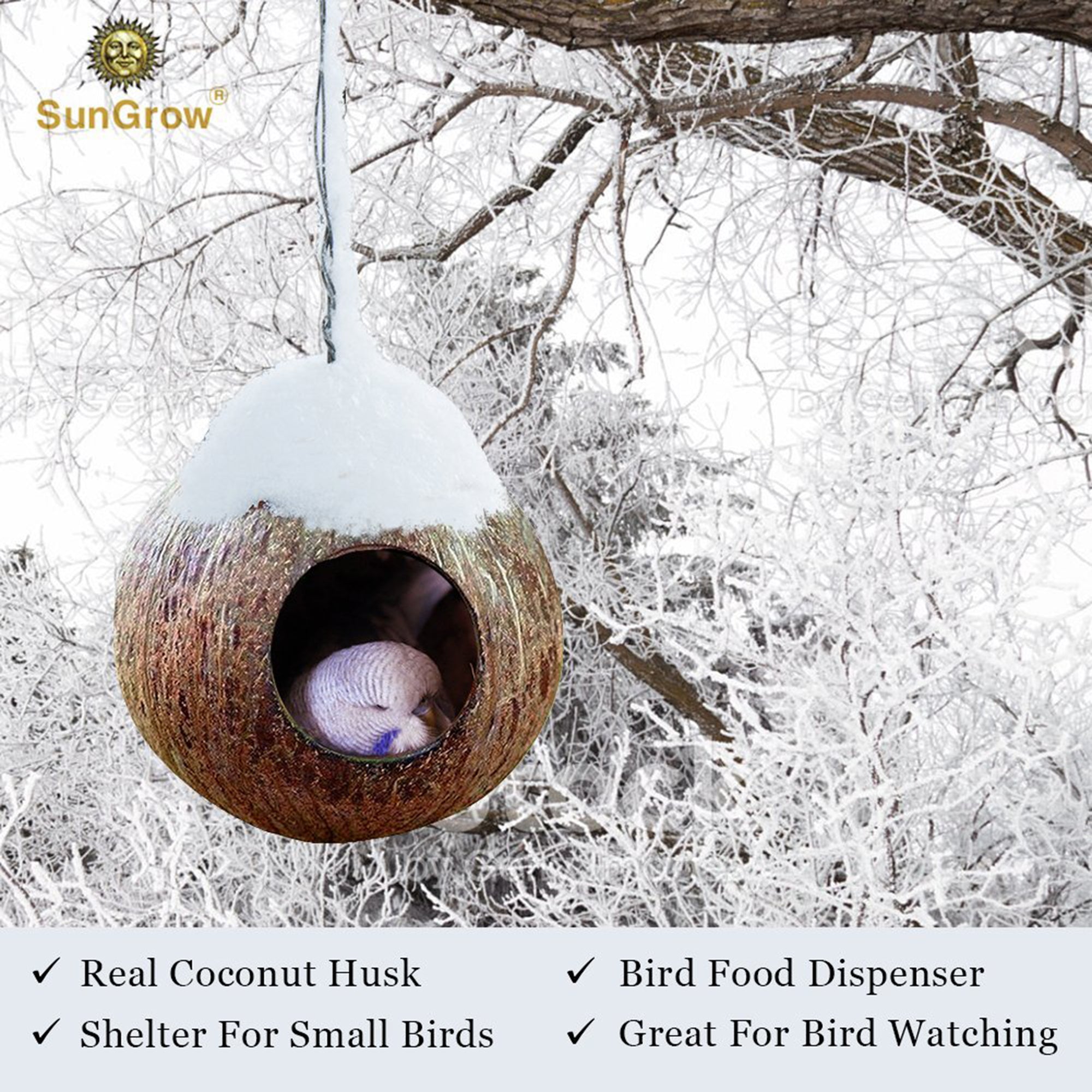 SunGrow Finch and Budgie Coconut Shell Breeding Nest and Bird Seed Storage， Shelter from Cold Weather and Tropical Garden Decor