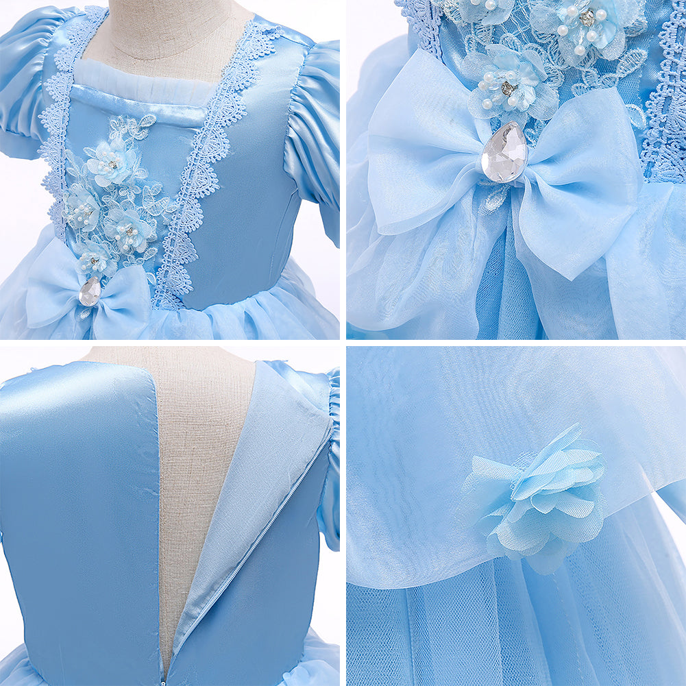 IMEKIS Cinderella Costume for Toddler Girls Princess Costumes Cinderella Dress Up Jewelry Set Crown Fairy Wand Baby Kids Halloween Cosplay Role Play Birthday Outfit 7-8 Years Blue Flower