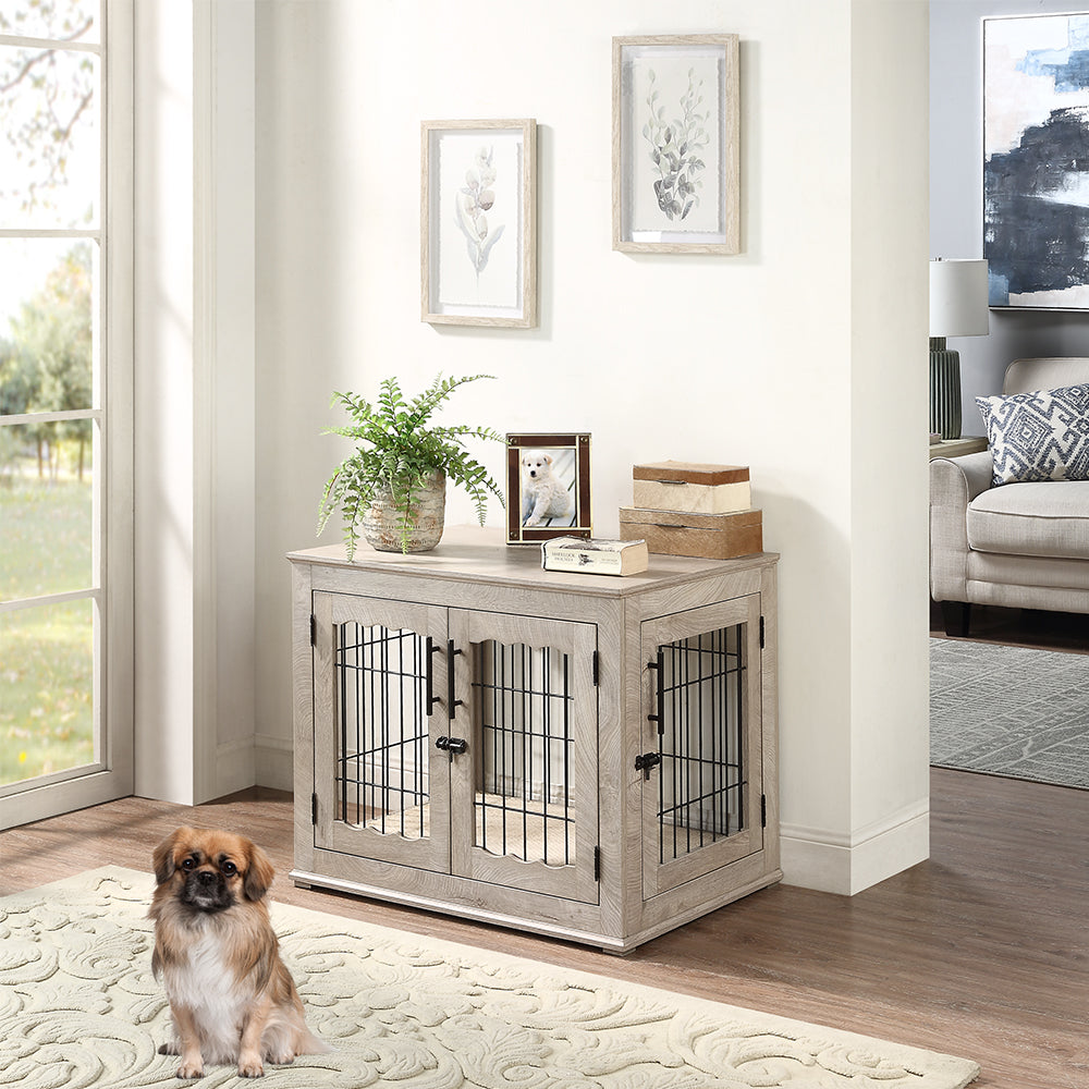 Unipaws Pet Crate End Table， Double Doors Wooden Wire Dog Kennel with Pet Bed， Weathered Gray