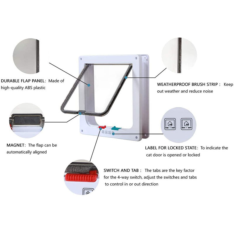 3 Size 4 Way Pet Cat Flap Door Cat Puppy Dog Supplies Lock Lockable Safe Flap Door Gate for Dog Cats Kitten
