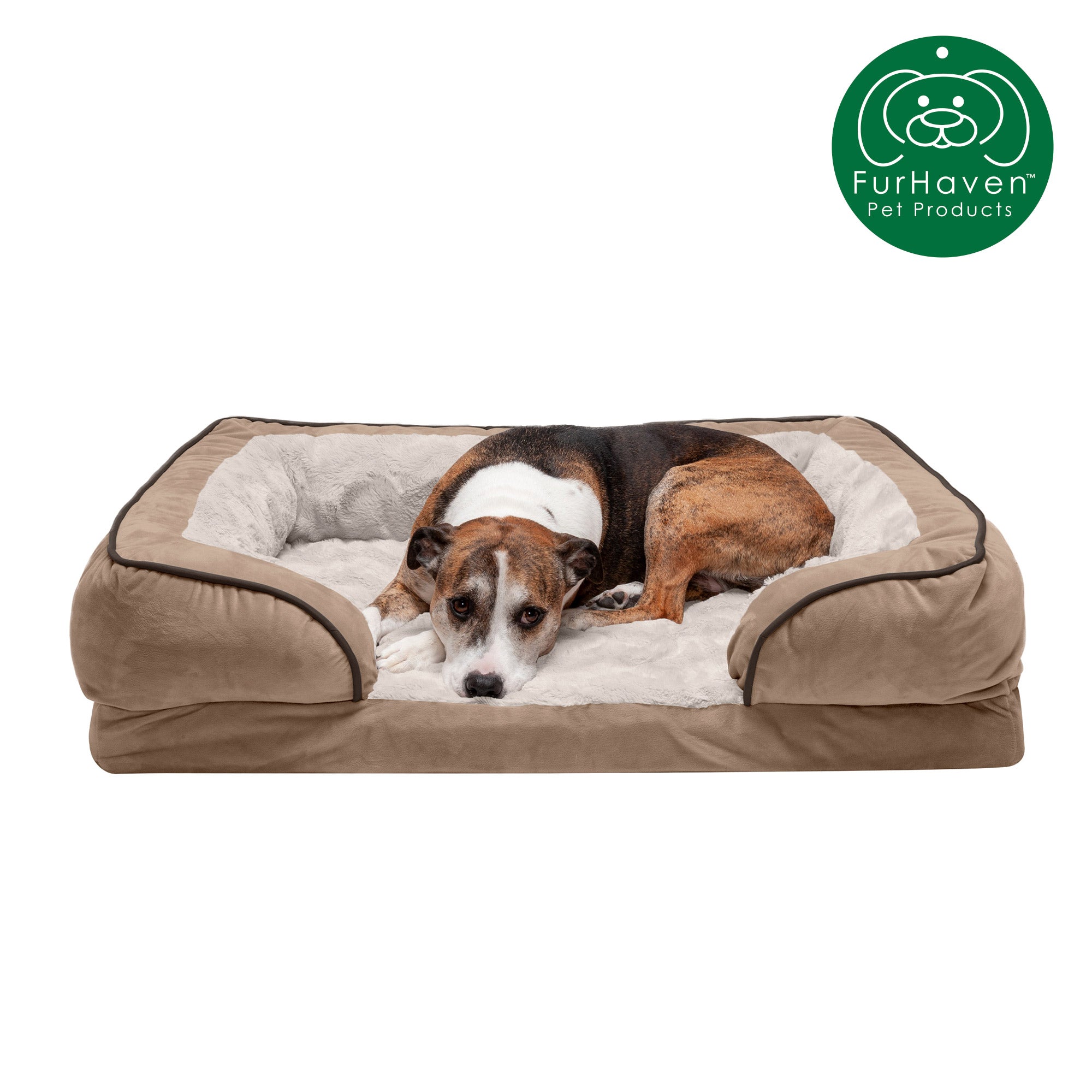 FurHaven Pet Products | Convolute Orthopedic Perfect Comfort Velvet Waves Sofa-Style Couch Pet Bed for Dogs and Cats， Brownstone， Large
