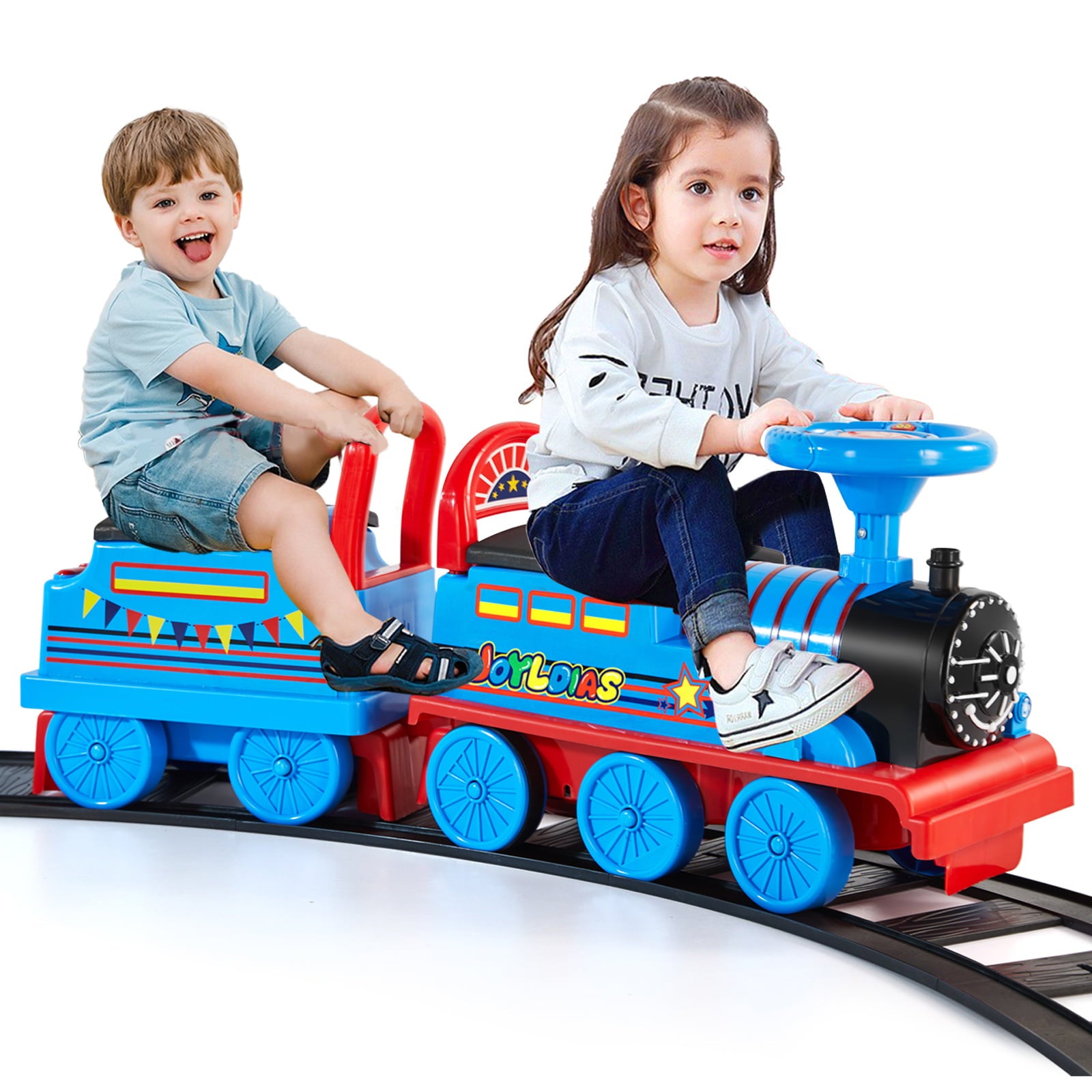 JOYLDIAS 6V Electric Ride on Train for Kids with Curved Tracks， Songs， Stories， Lights， Horns， Storage and Foot Pedals， Blue